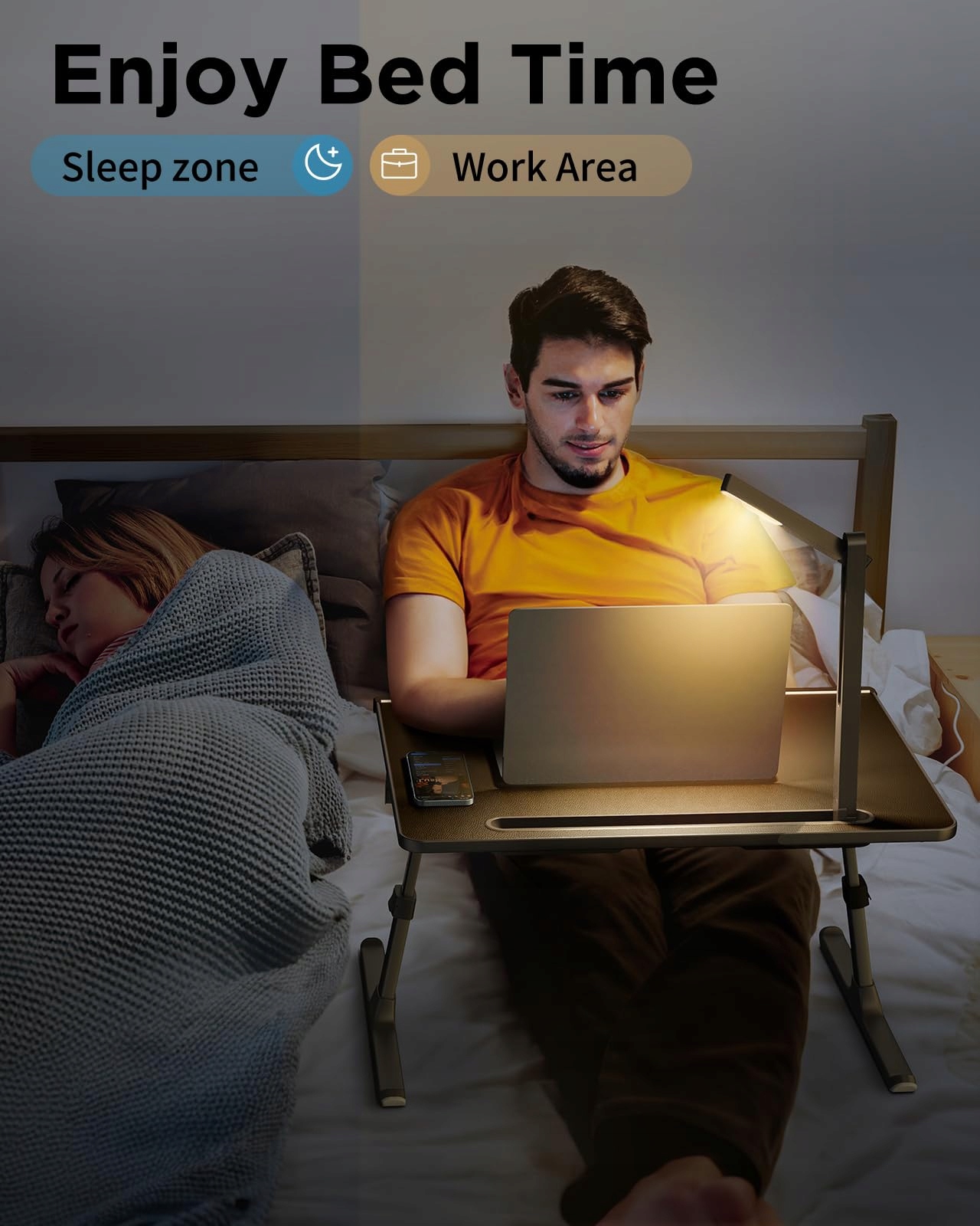 SAIJI Stolik Na Laptop Z Lampką LED Z Regulowaną Wysokością I Kątem Z Półką — miniatura 5