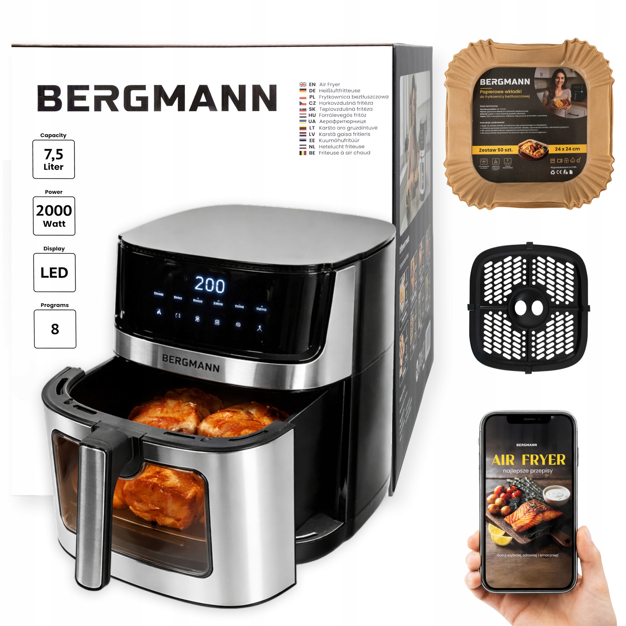 Frytkownica Beztłuszczowa 7,5L Air Fryer Bergmann 2000W 8 Programów
