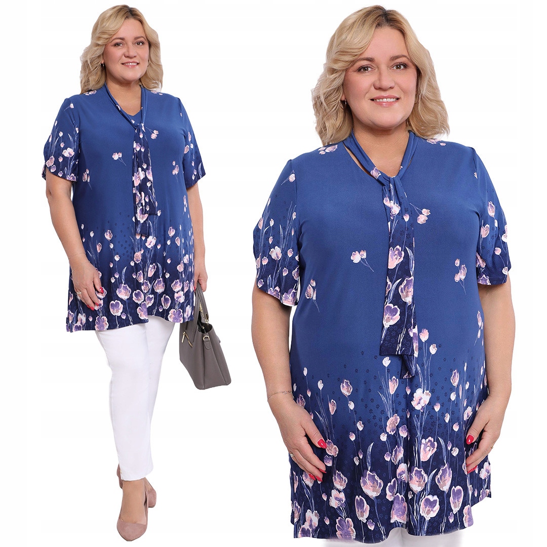 Modrá tunika se zavazováním, růžové květy a velikost velikost 52/54