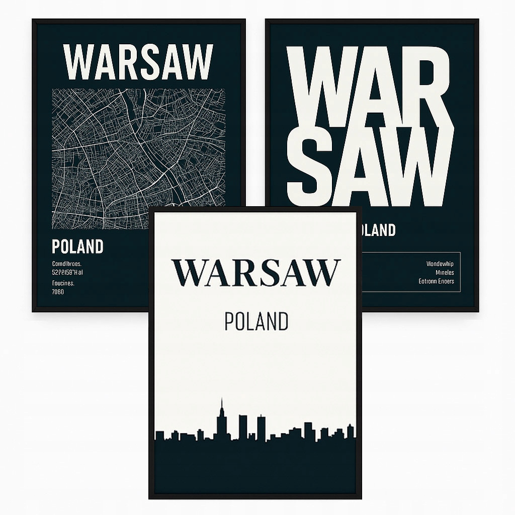 Sada plagátov Varšava Mapa Panoráma mesta Čiernobiela Do Salónu Kancelárie