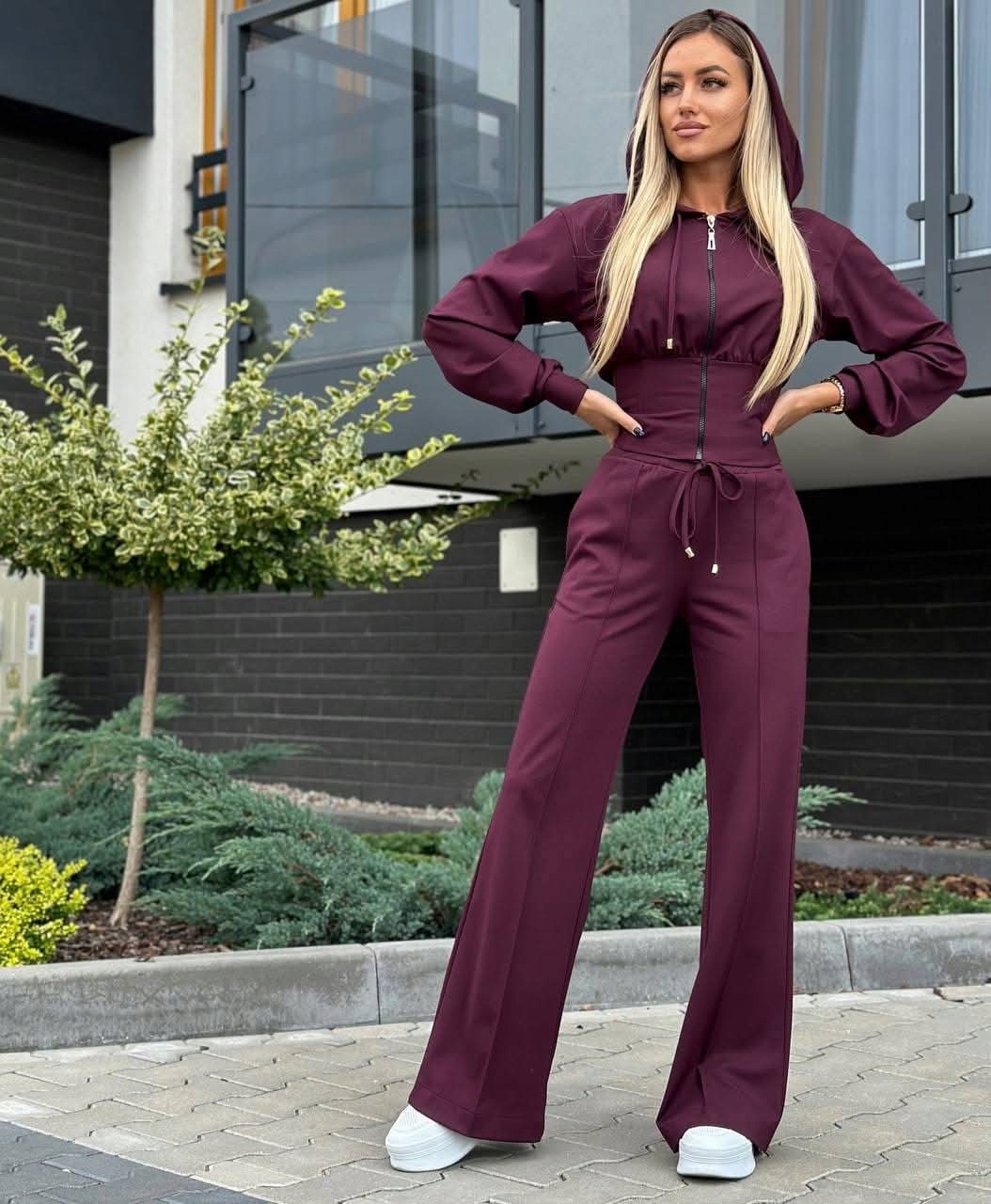 Dámská Tepláková Souprava Korzetová Mikina S Kapucí Kalhoty Wide Leg Bordo M