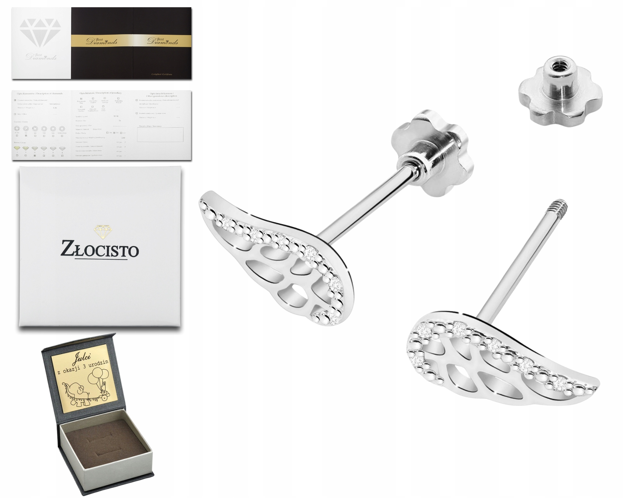 Bílé Zlato Náušnice S Křídly A Briliantem Na Šroubovací Tyči Zlato 585