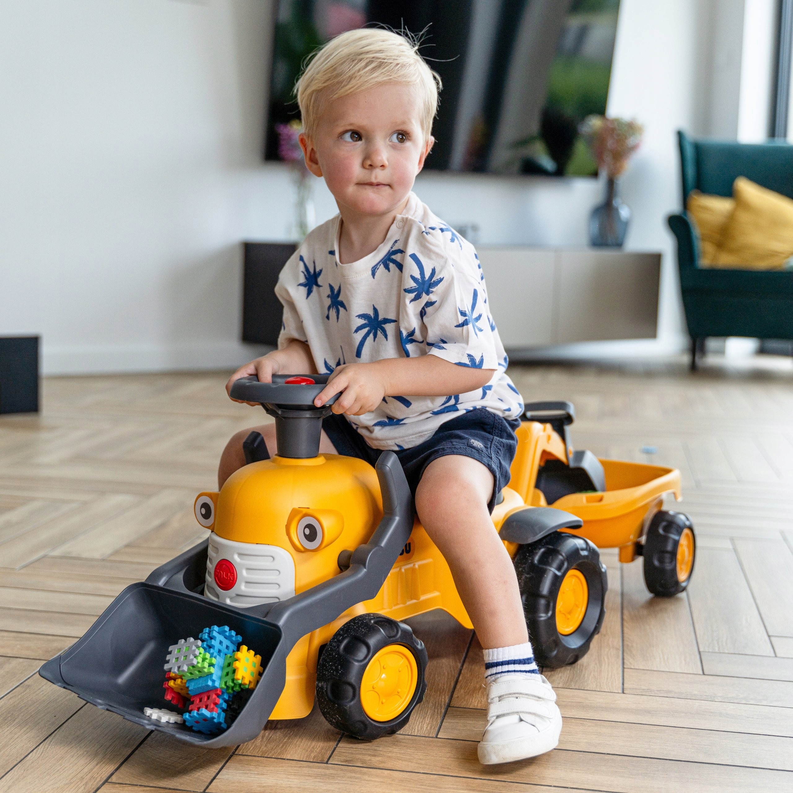 Falk Jeździk Traktor Komatsu z Łyżką Koparką i Przyczepą od 1-3 Lat