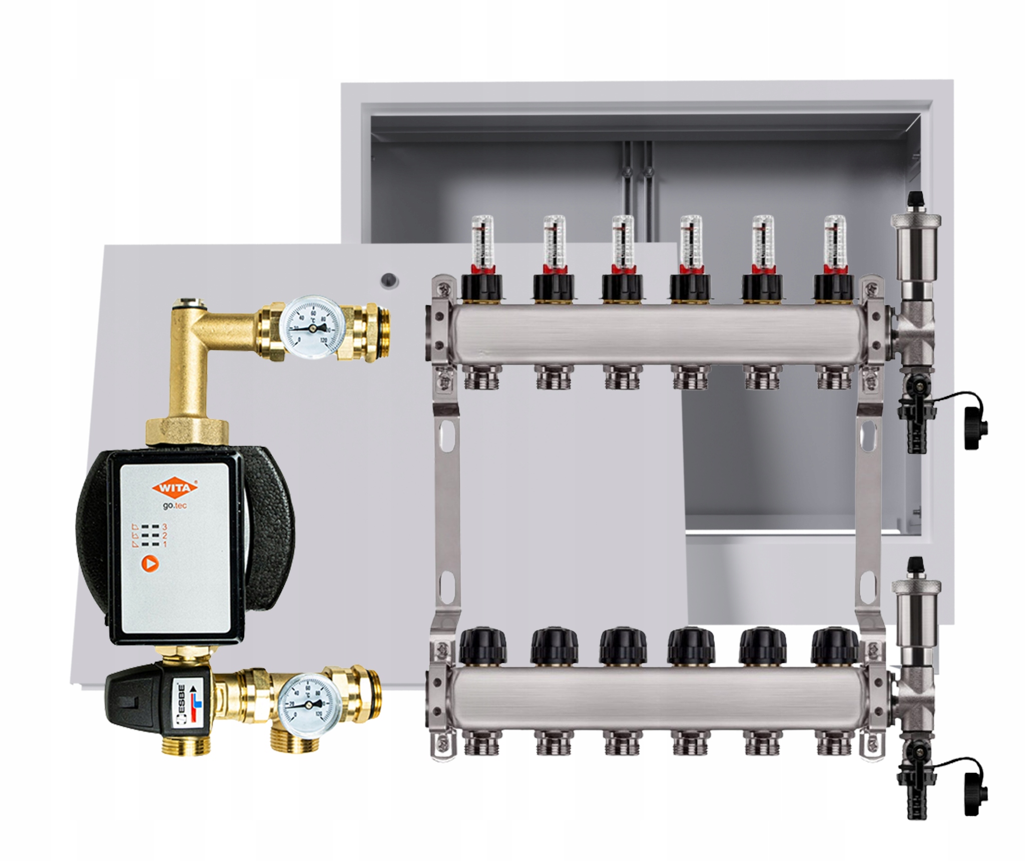 Rozdělovač pro podlahu nerezový 6 okruhů s čerpadlem Wita box