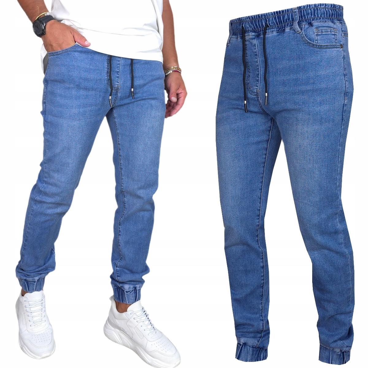 Spodnie Męskie długie Jeansowe Joggery Modne rozciągliwe Pas Z Gumką, M