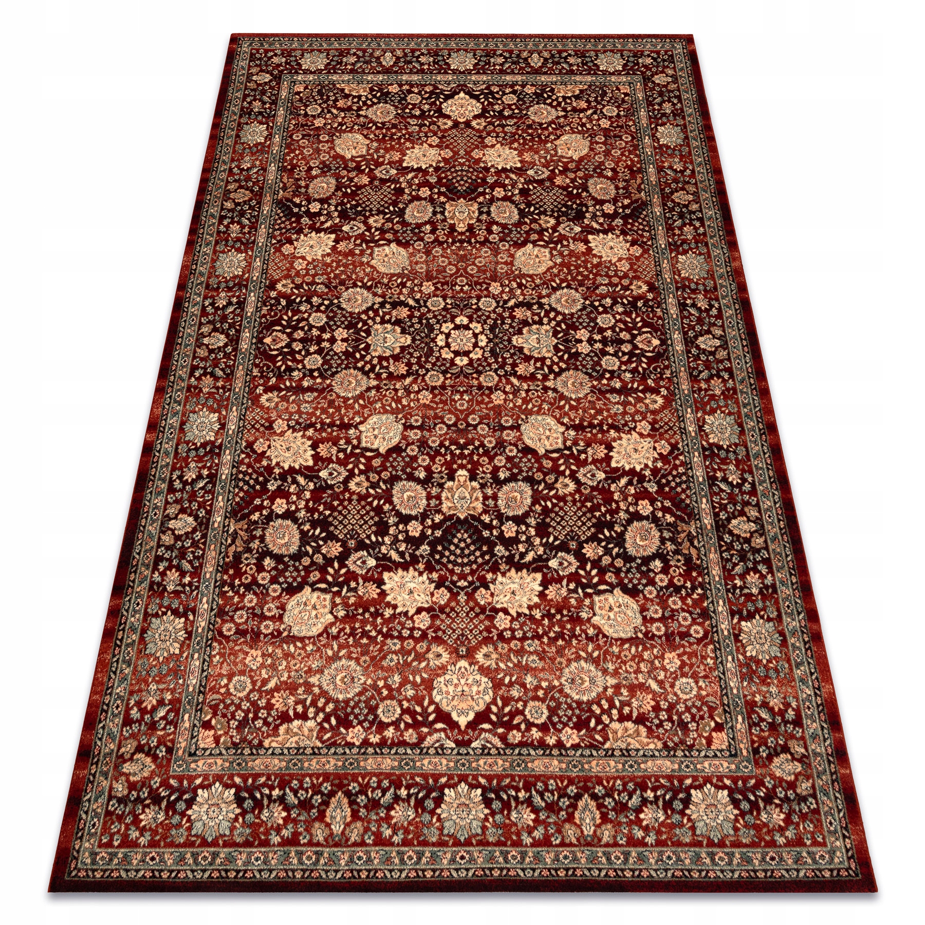 Wełniany Dywan Salonu Ornament Kwiaty Ramka Łączka bordo 160x240 cm