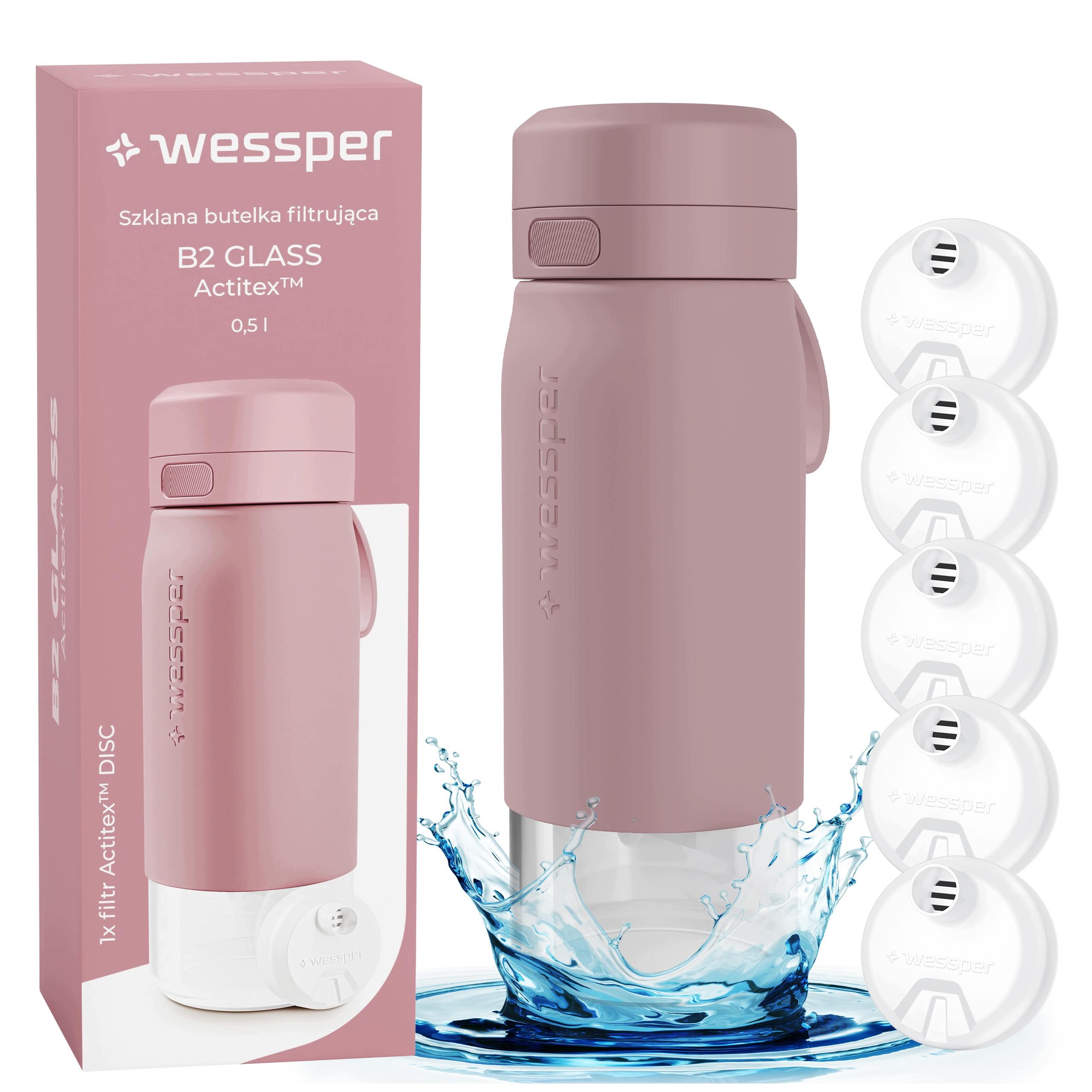Skleněná lahvička na filtrační vodu láhev na pití Wessper B2 Actitex 500 ml 5x filtr