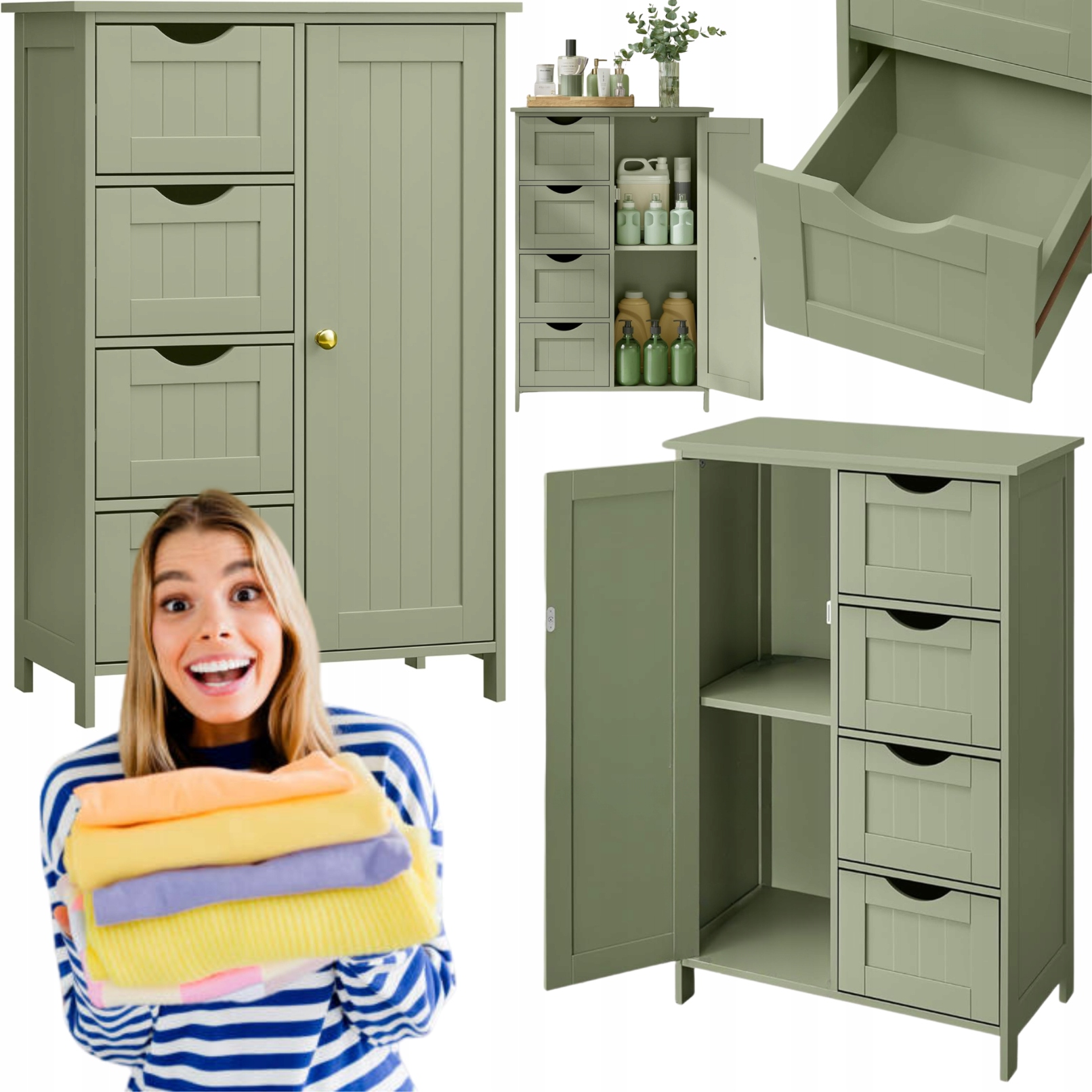 Kúpeľňová skrinka Regál Stojací regál Komoda s dverami Otvárateľná 4 zásuvky