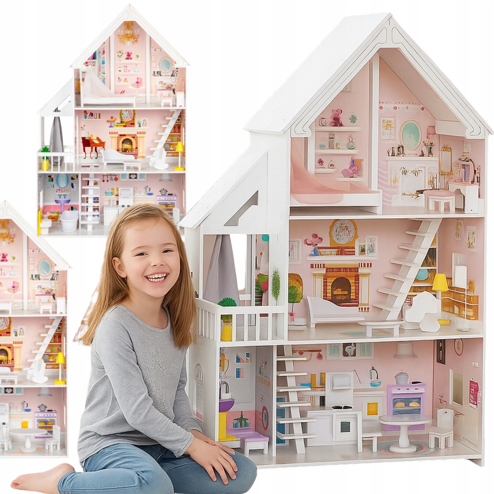 Duży Drewniany Domek Dla Lalek XXL 126cm Mebelki dla Dziewczynki Różowy