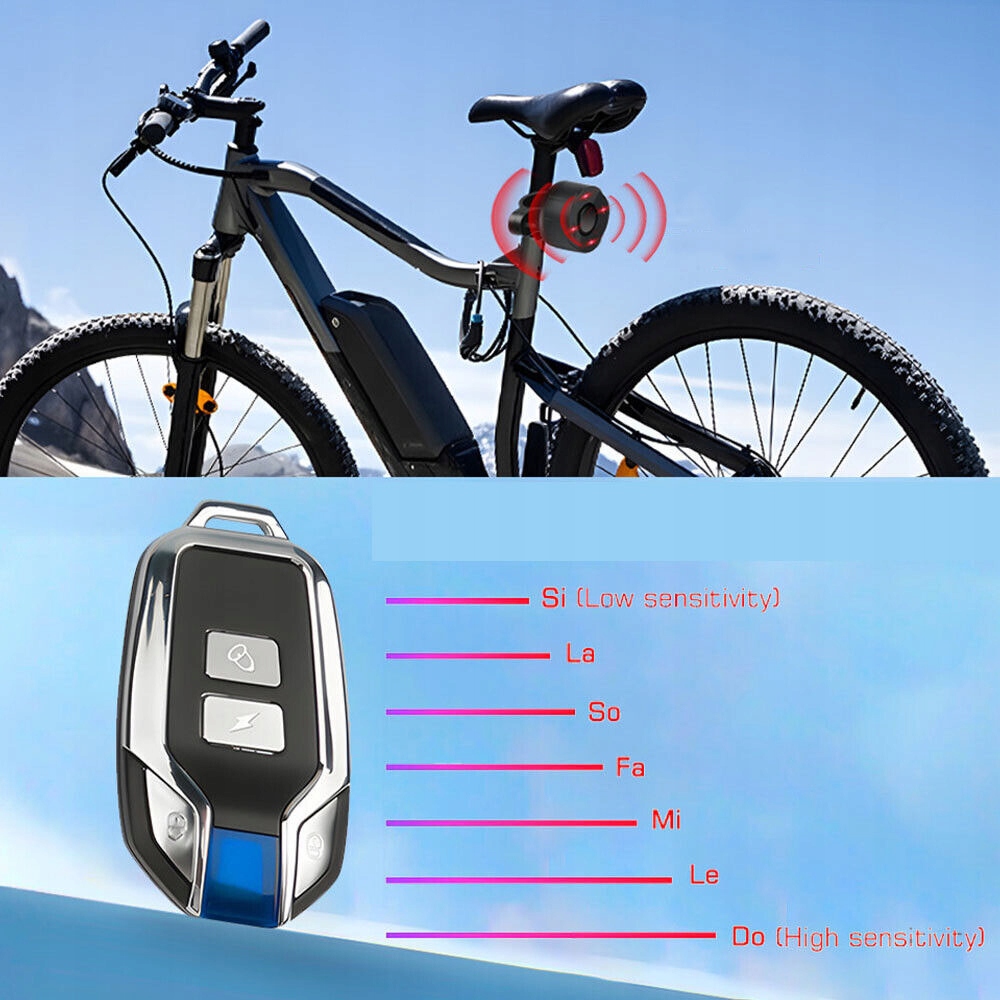 ALARM ROWEROWY Z UCHWYTEM BEZPRZEWODOWY ALARM 110 DB TYLNE ŚWIATŁO ROWEROWE Waga 160 g