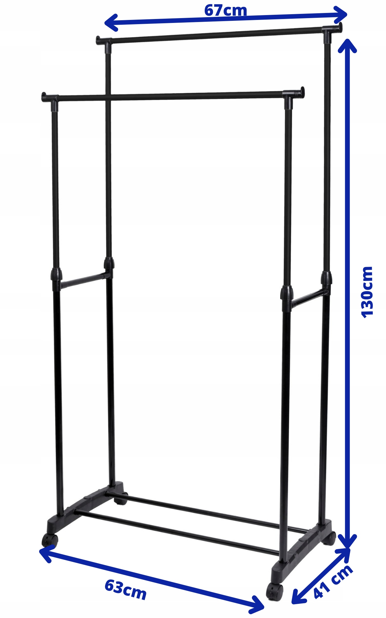 POJEMNY Podwójny Wieszak stojący regulowany 130cm Kolor haczyków czarny