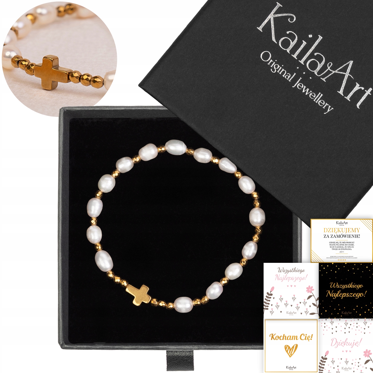 Dámský Růženec Na Ruku Kámen Hematit Desítka Kříž Náramek S Perlou