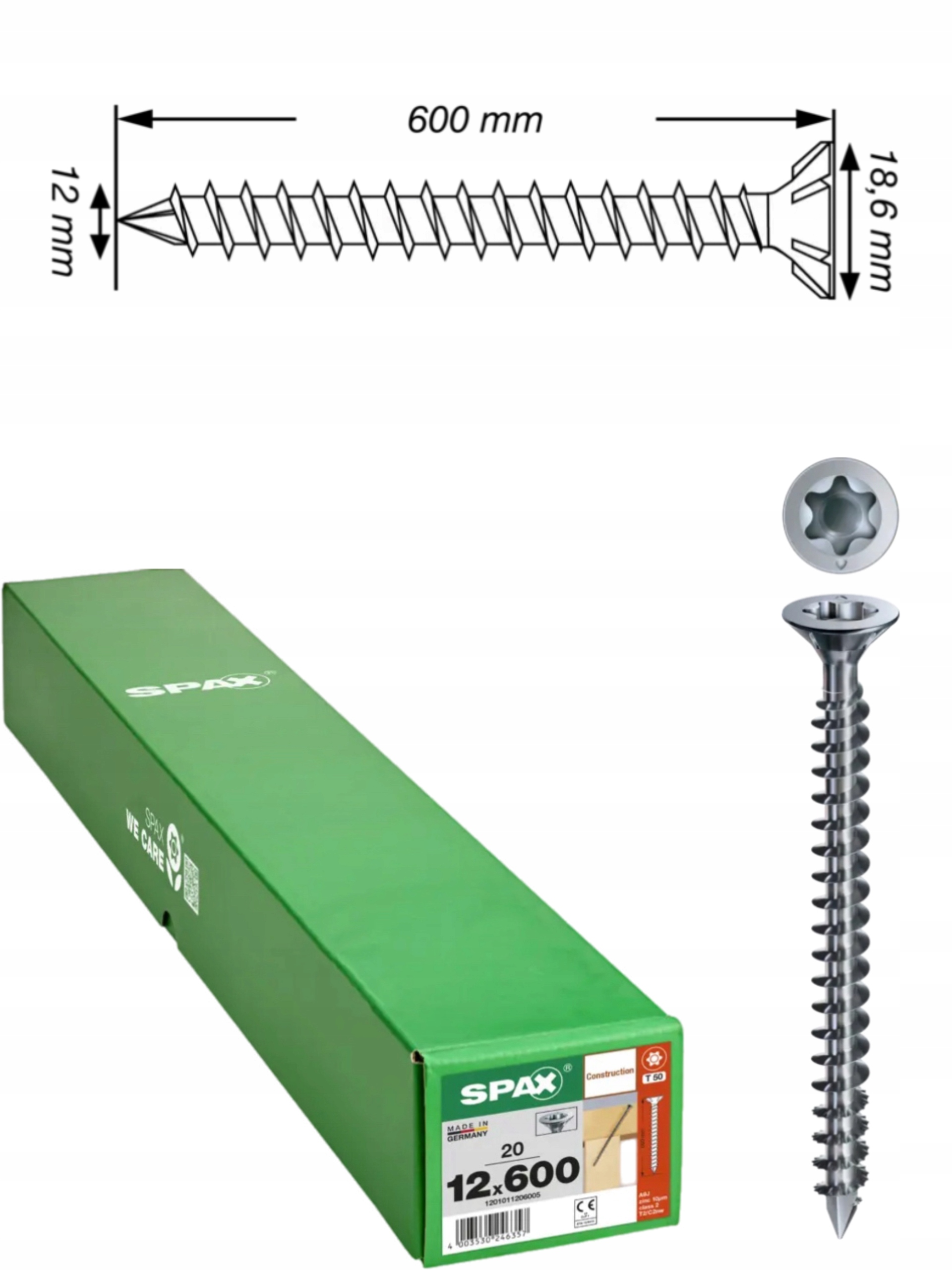 Univerzálna skrutka Wirox Tx 12 x 600 mm, plný závit, 20 ks