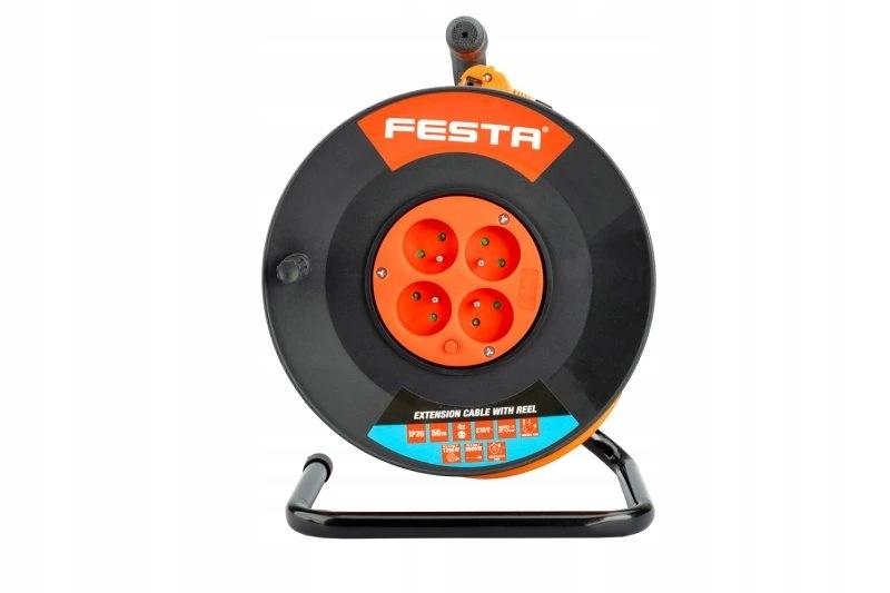 Kabel prodlužovací na bubnu Festa 50m 4zásuvky 3x1.5mm IP20 Max 3680W