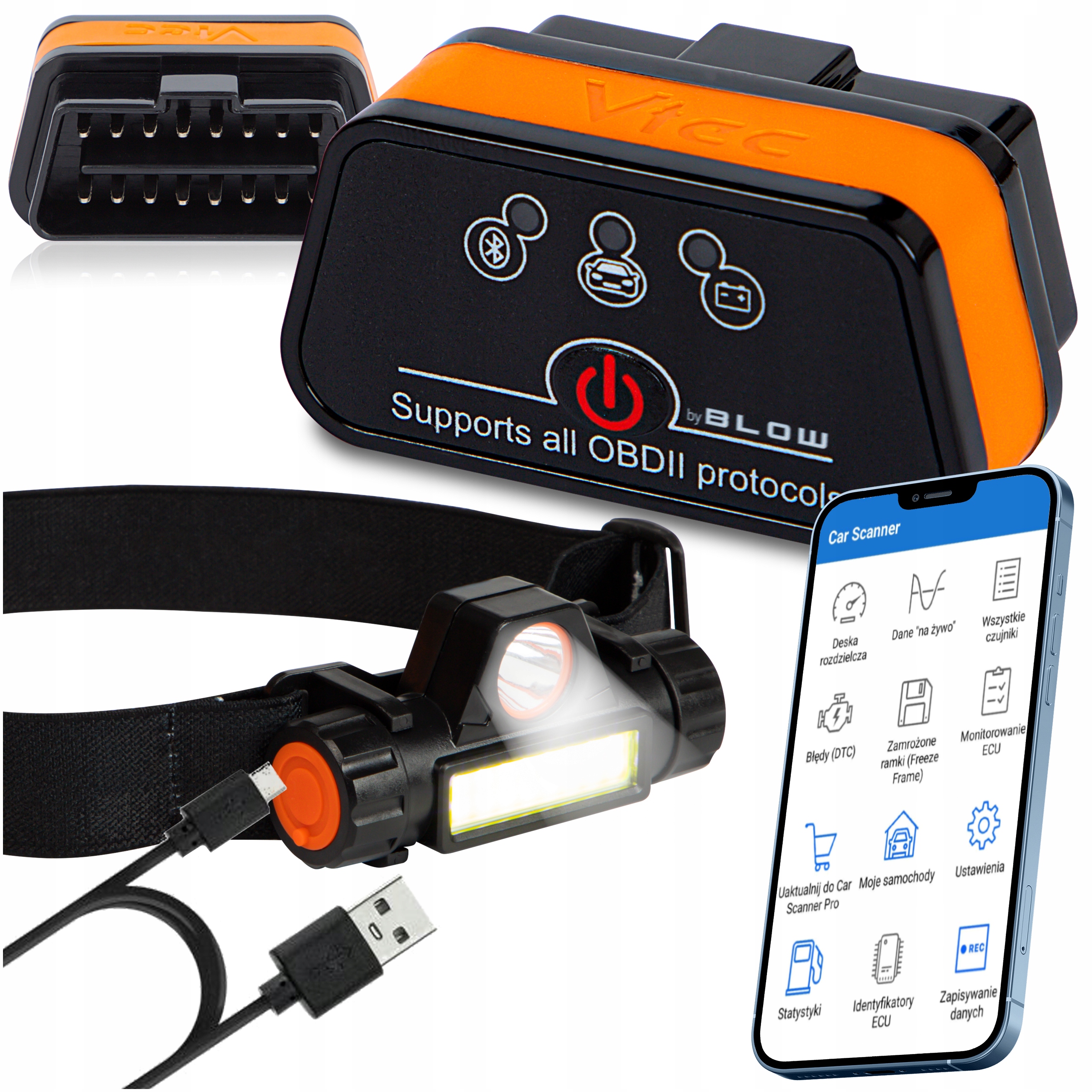 Interfejs Diagnostyczny OBD2 Bluetooth Tester Android iOS Windows Latarka