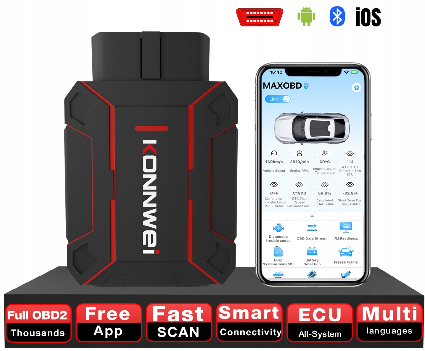 Interfejs Konnwei Maxobd Android iOS Bluetooth 5.2 Dożywotni Update