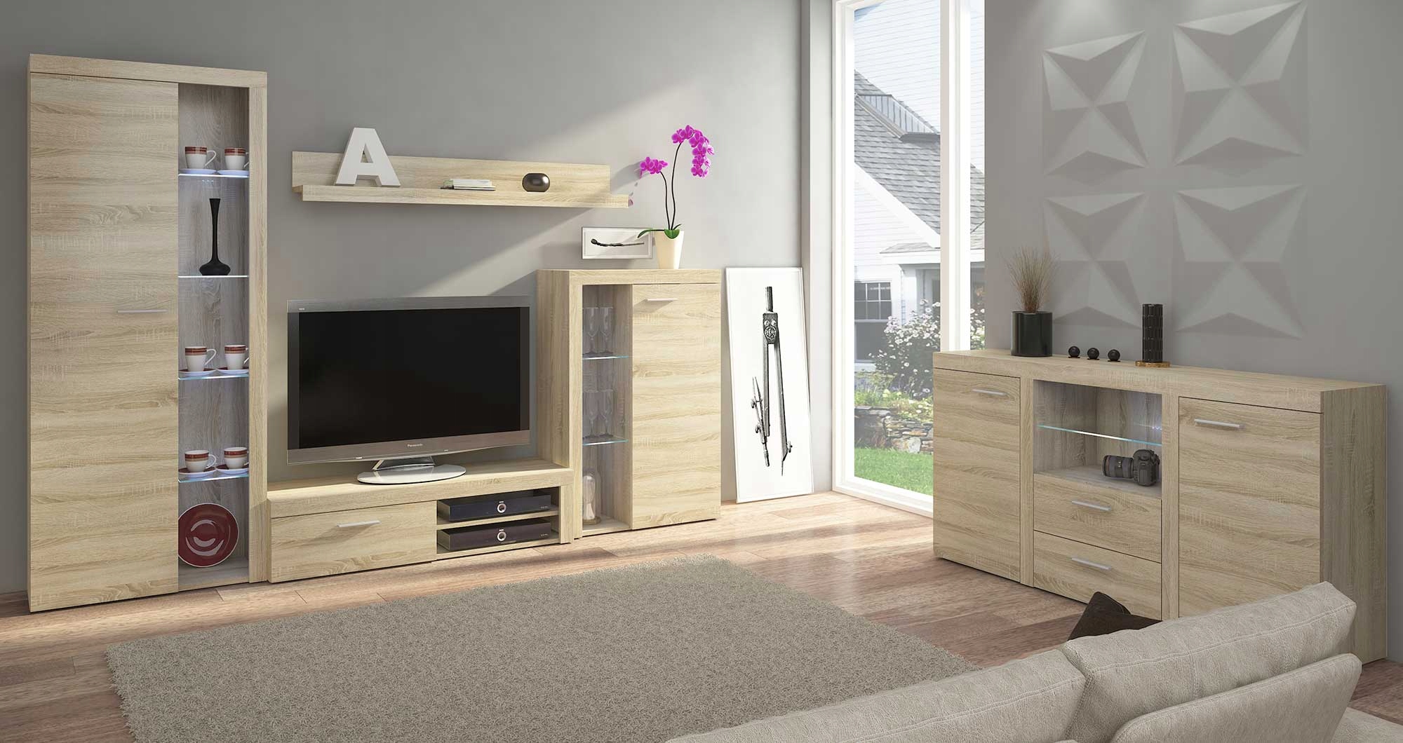 Nábytková Stěna Rumba Led Podsvícená Komoda Sonoma