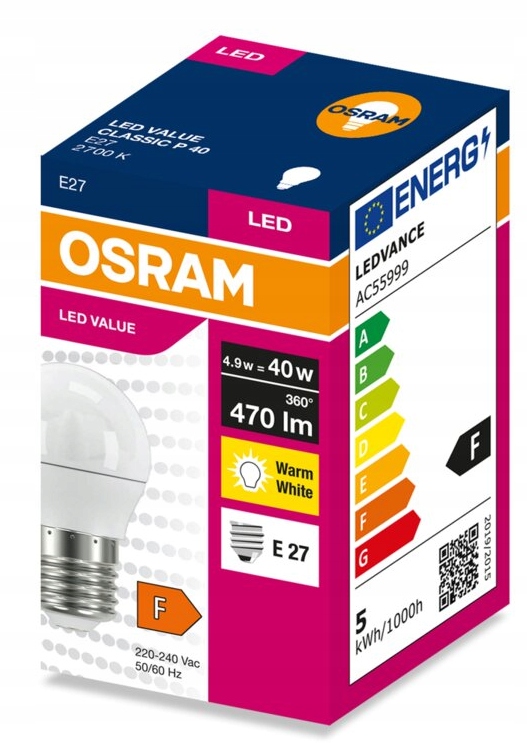 OSRAM Żarówka mała kulka LED E27 4.9W 470lm E27 2700K