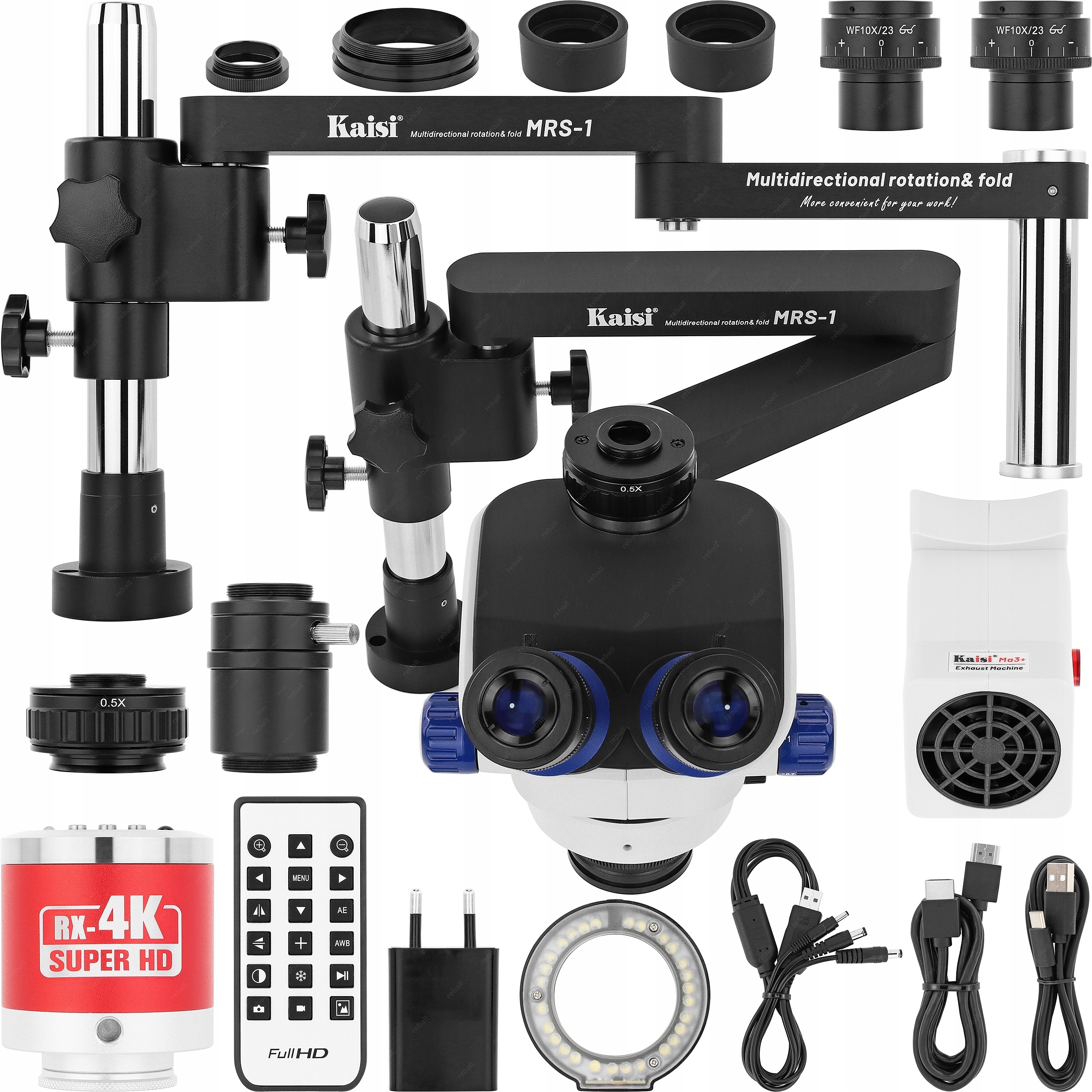 Stereoskopický trinokulární mikroskop Kaisi TX-350E s držákem na stůl a 4K kamerou