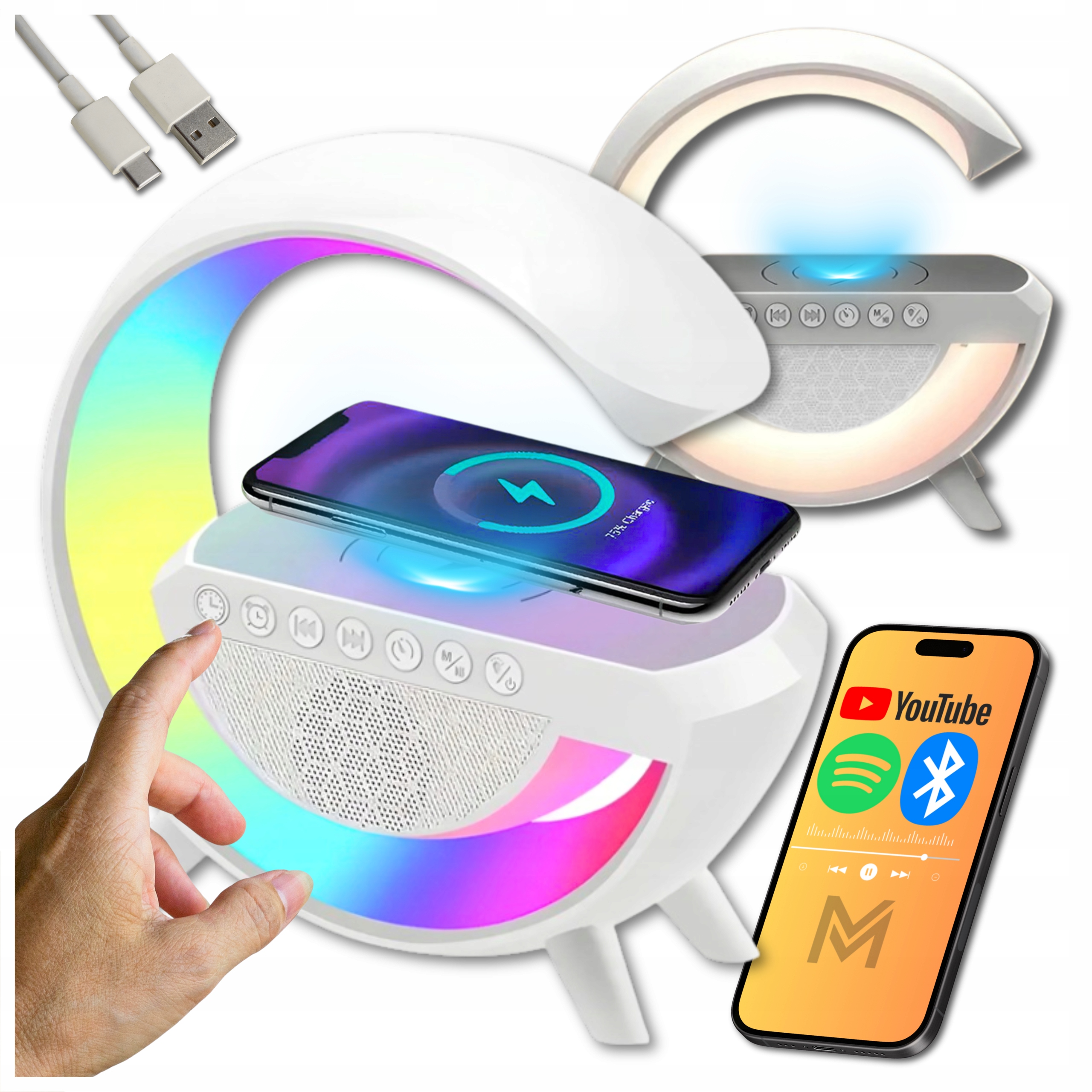 LAMPKA NOCNA LED RGB ŁADOWARKA INDUKCYJNA GŁOŚNIK RADIO BLUETOOTH gamingowa