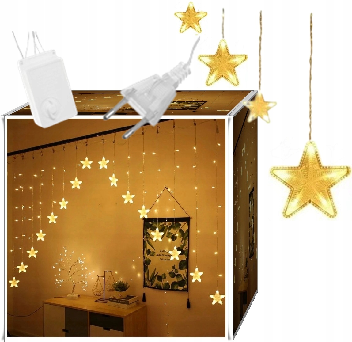 LAMPKI CHOINKOWE GWIAZDY GWIAZDKI KURTYNA LED