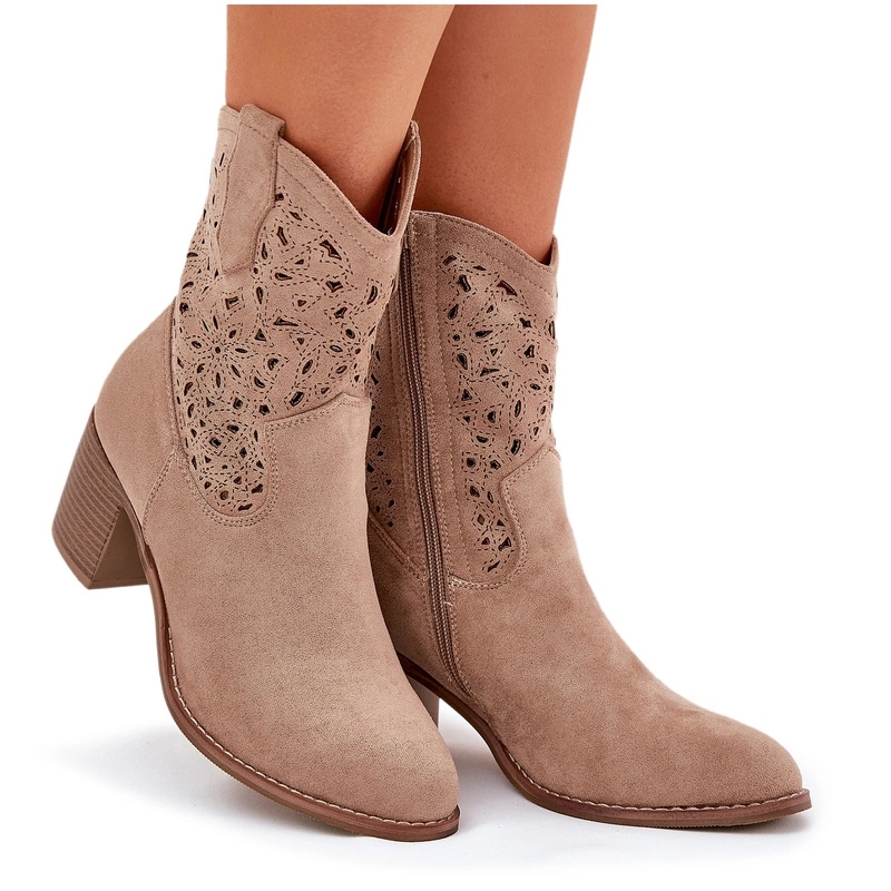 Kotníkové Boty Kovbojské Boty Eko Semišové Na Podpatku Prolamované S.barski HY51-125 Béžové 41