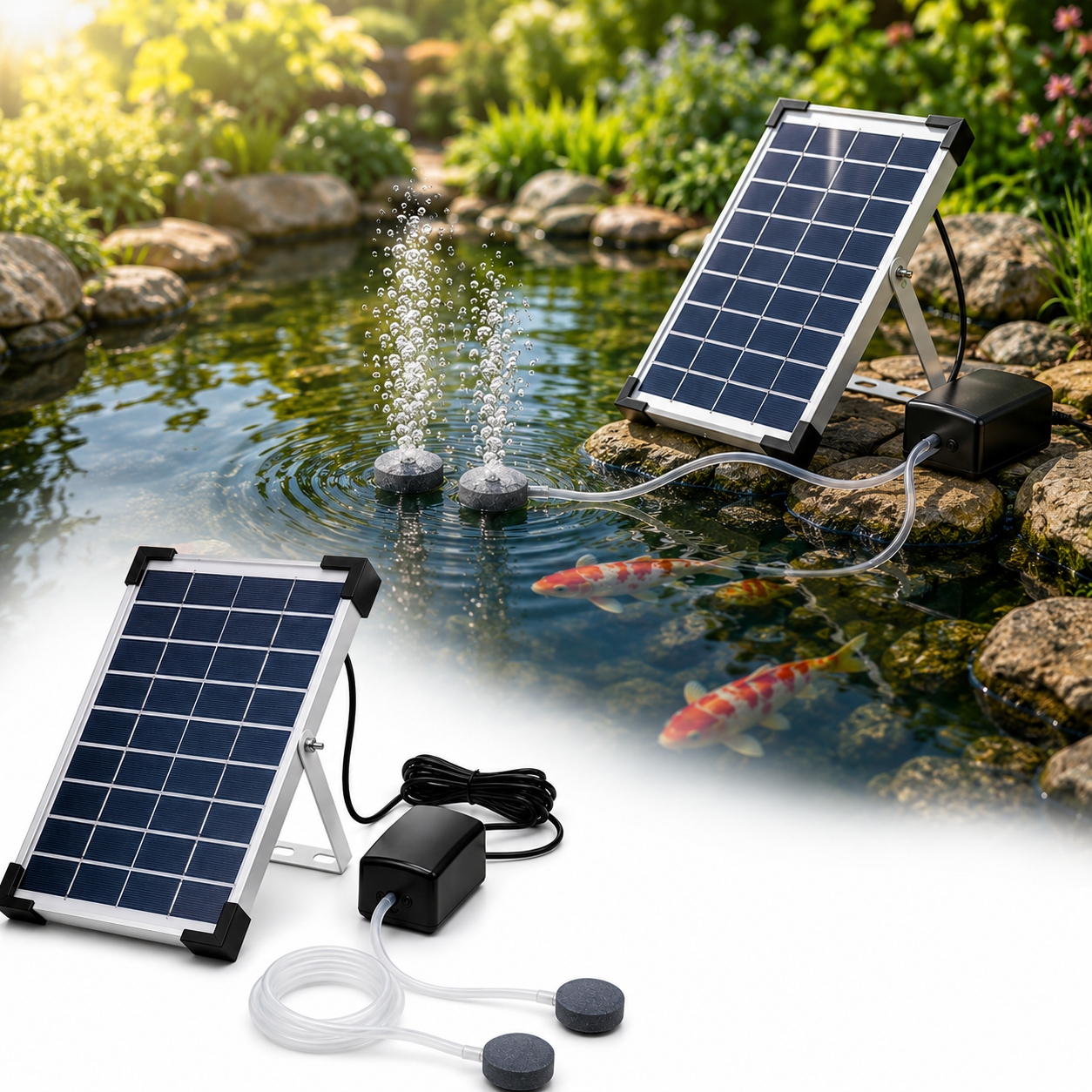 Solárny prevzdušňovač jazierka AP206 – 2400 mAh batérie, 2 režimy, 5 W panel