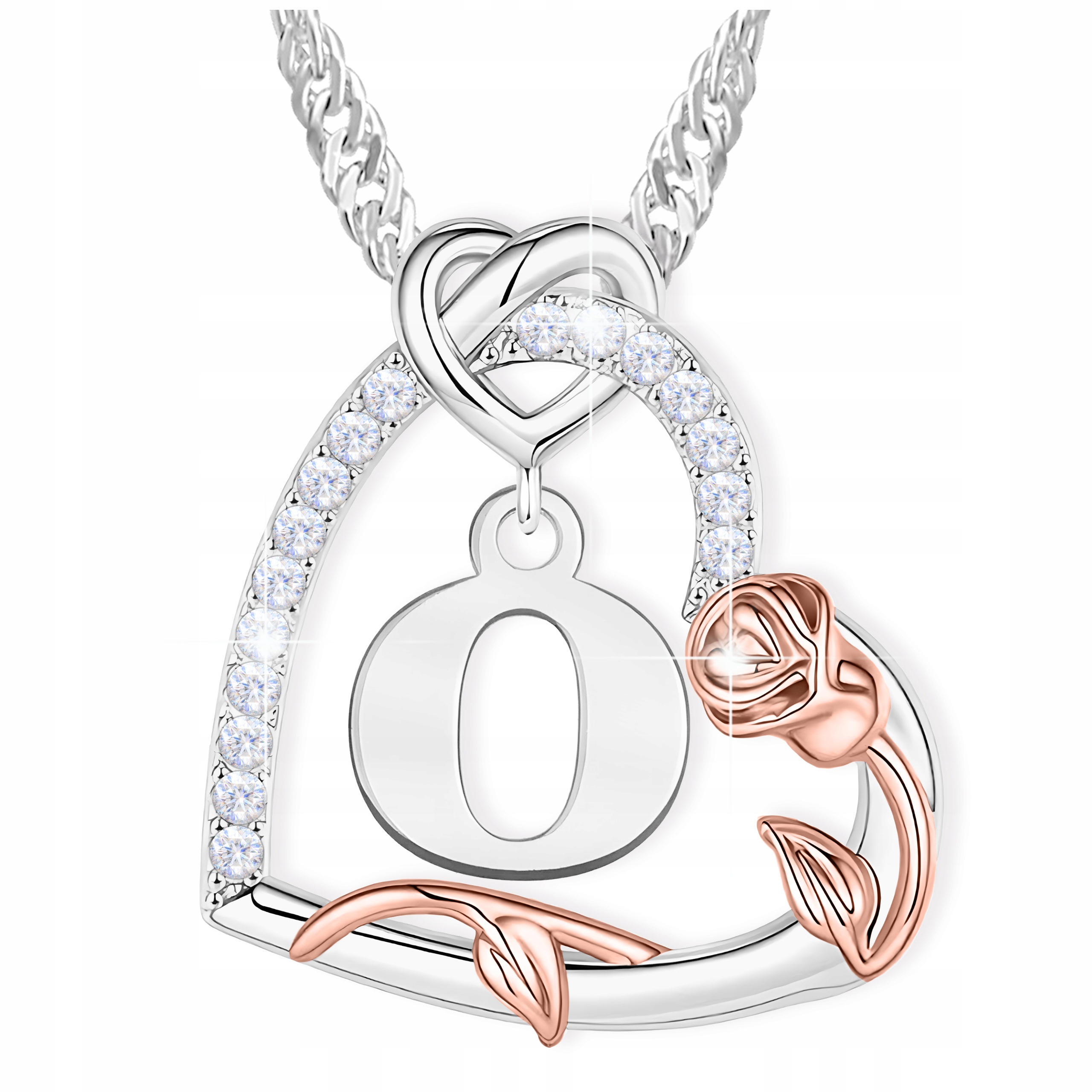Stříbrný náhrdelník s písmenem o srdci Květ růže Písmeno Zirkony Stříbro 925