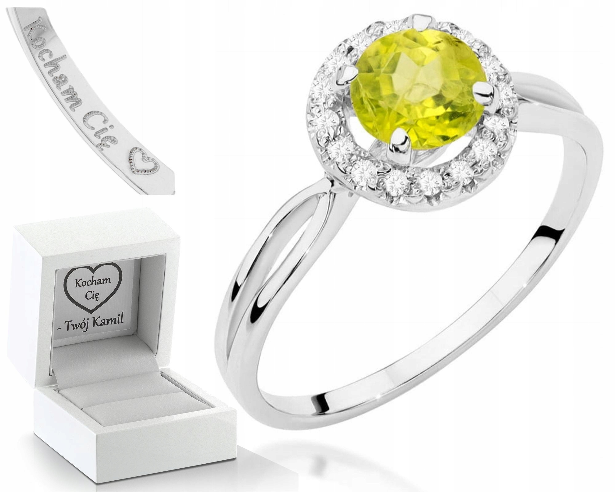 Prstýnek Z Bílého Zlata Přírodní Kámen Olivín 585 14K Dárek Gravírování