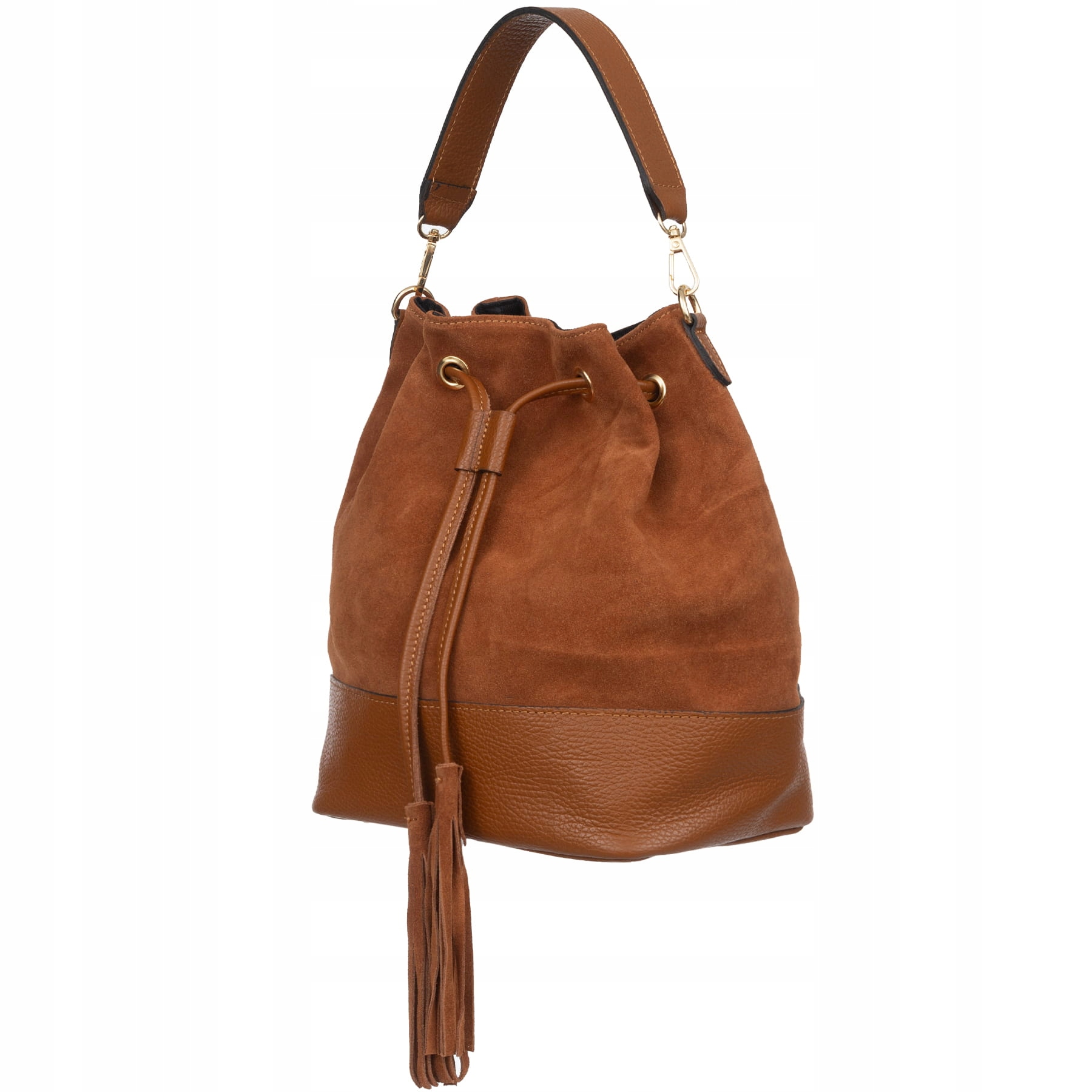 VERA PELLE torebka damska zamszowa kuferek z paskiem CZARNA Kolor czarny