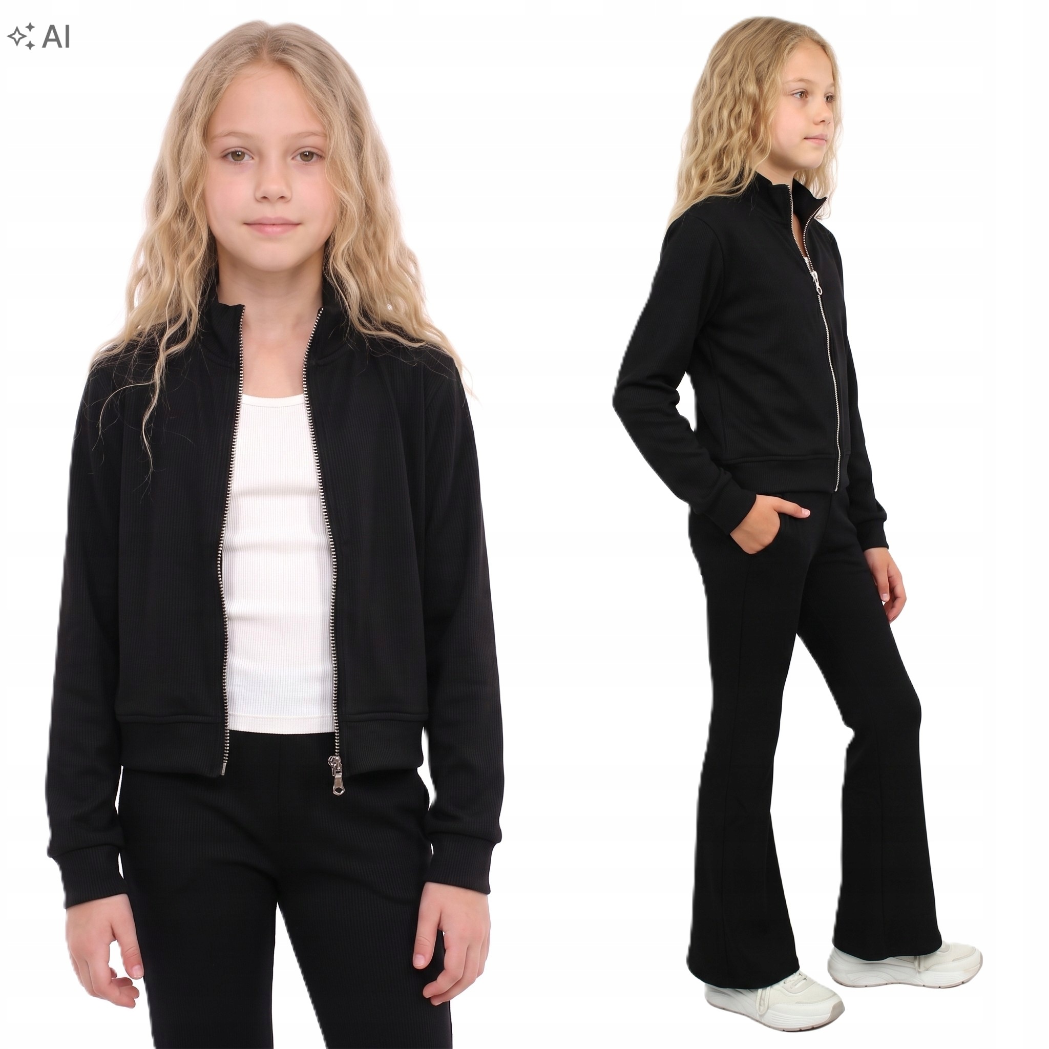 Komplet Dresowy 3-częściowy Bluza Rozpinana Top Spodnie Dzwony Flare 140