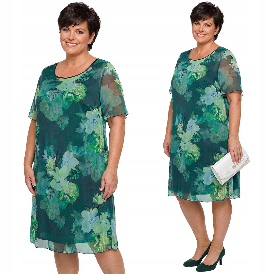 Zielona szyfonowa sukienka w kwiaty plus size rozmiar 58