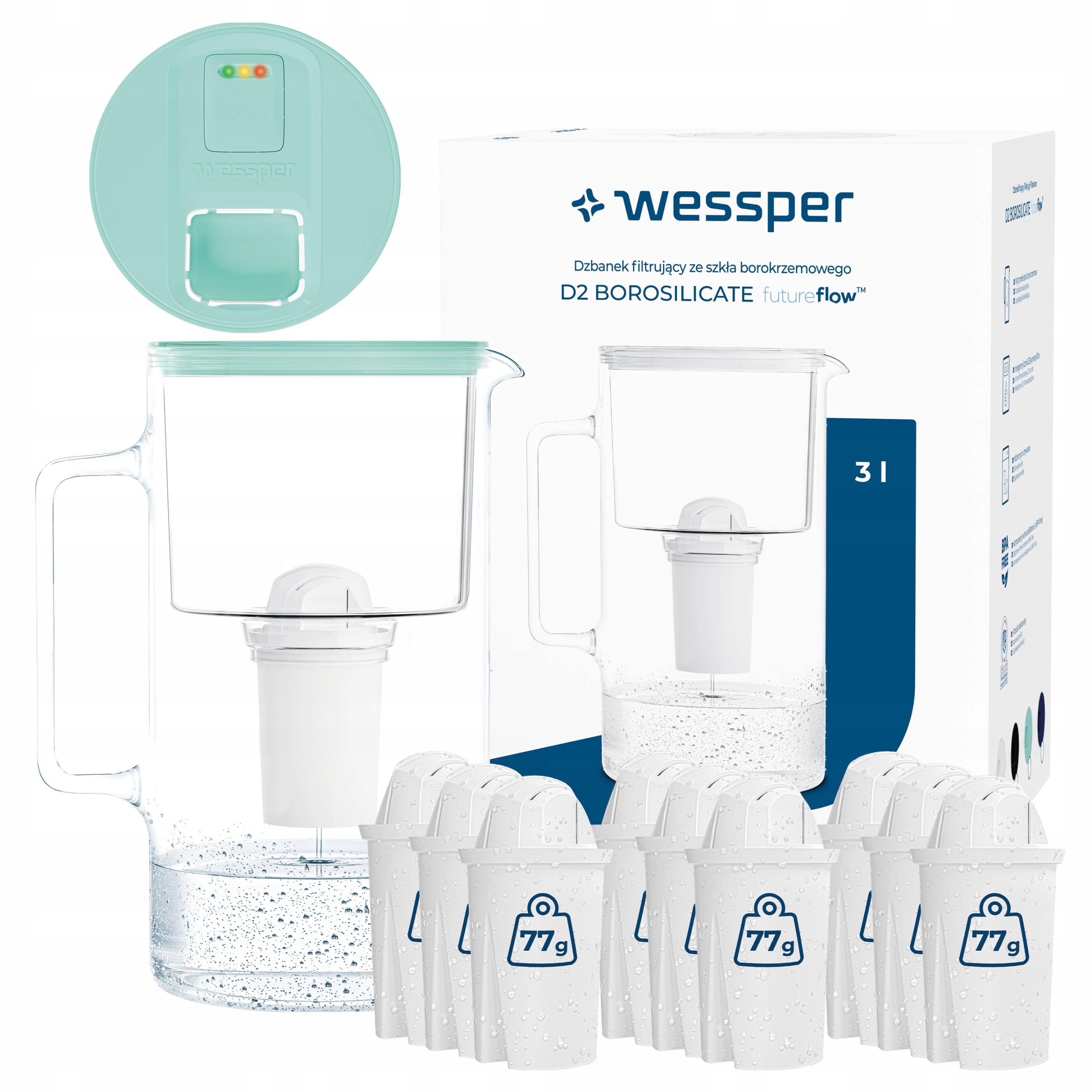 Skleněná filtrační konvice Wessper D2 Borosilicate futureflow 3 l 10 filtrů