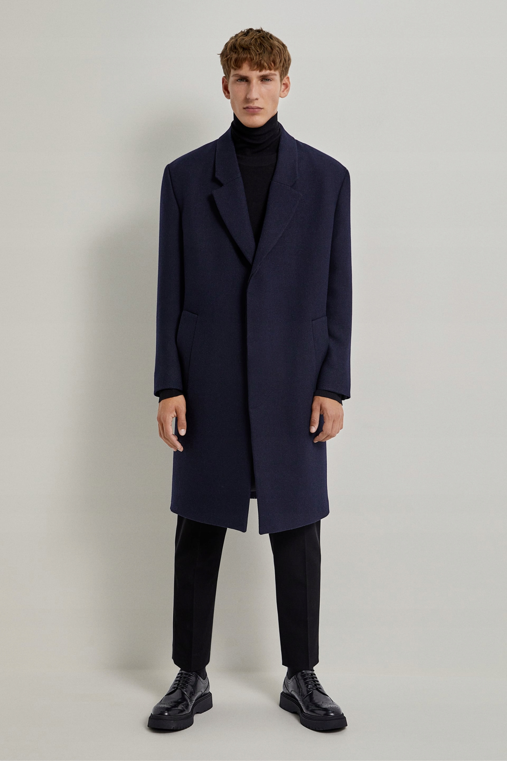 ZARA MAN PROSTY PŁASZCZ CIEMNY GRANAT WEŁNA L