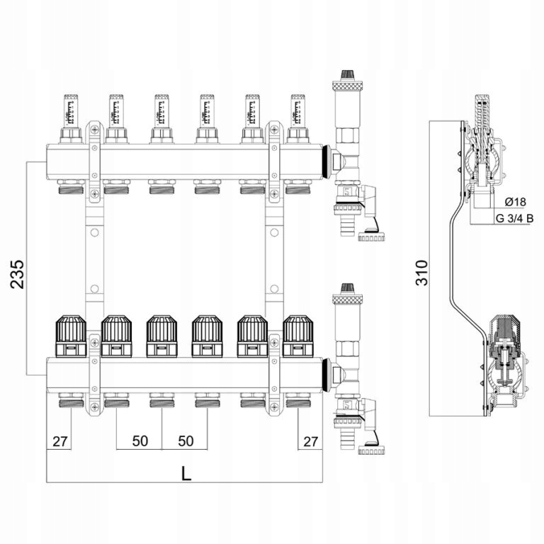 ROZDZIELACZ 6 OBWODÓW OGRZEWANIA PODŁOGOWEGO DO PODŁOGÓWKI MOSIĘŻNY DIAMOND Kod producenta K-ROZ-006.1*1/2.-6