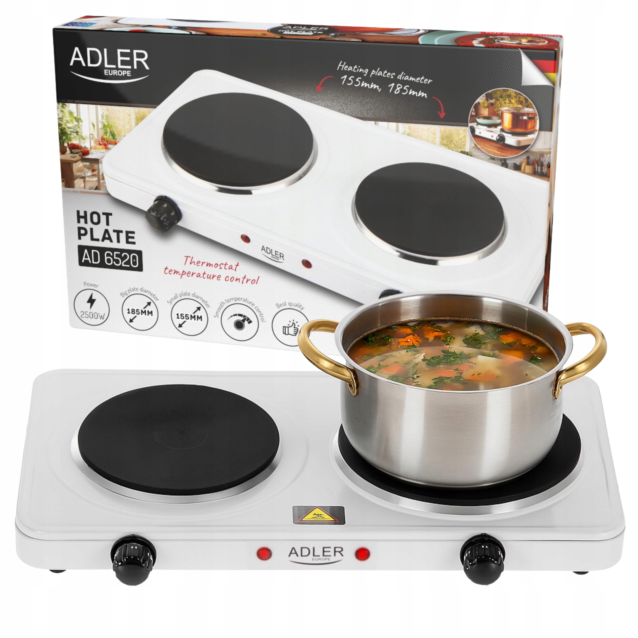 Kuchenka elektryczna Dwupalnikowa 2500W przenośna Biała Adler AD6520