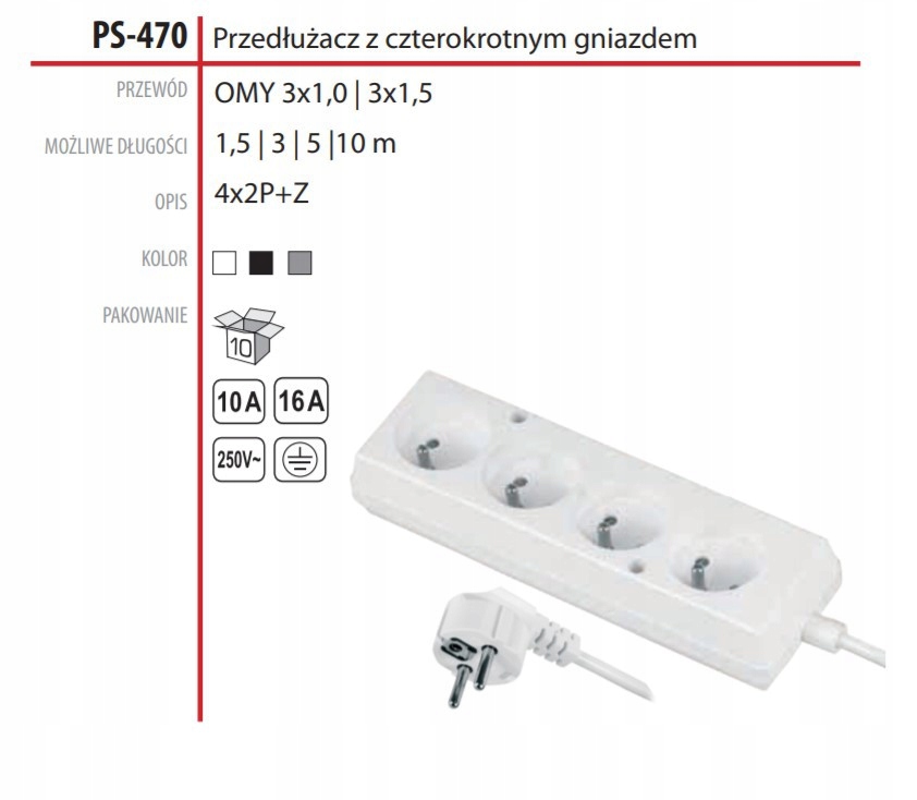 PRZEDŁUŻACZ 4X Z UZIEMIENIEM PS-470 1,5M Marka Jonex