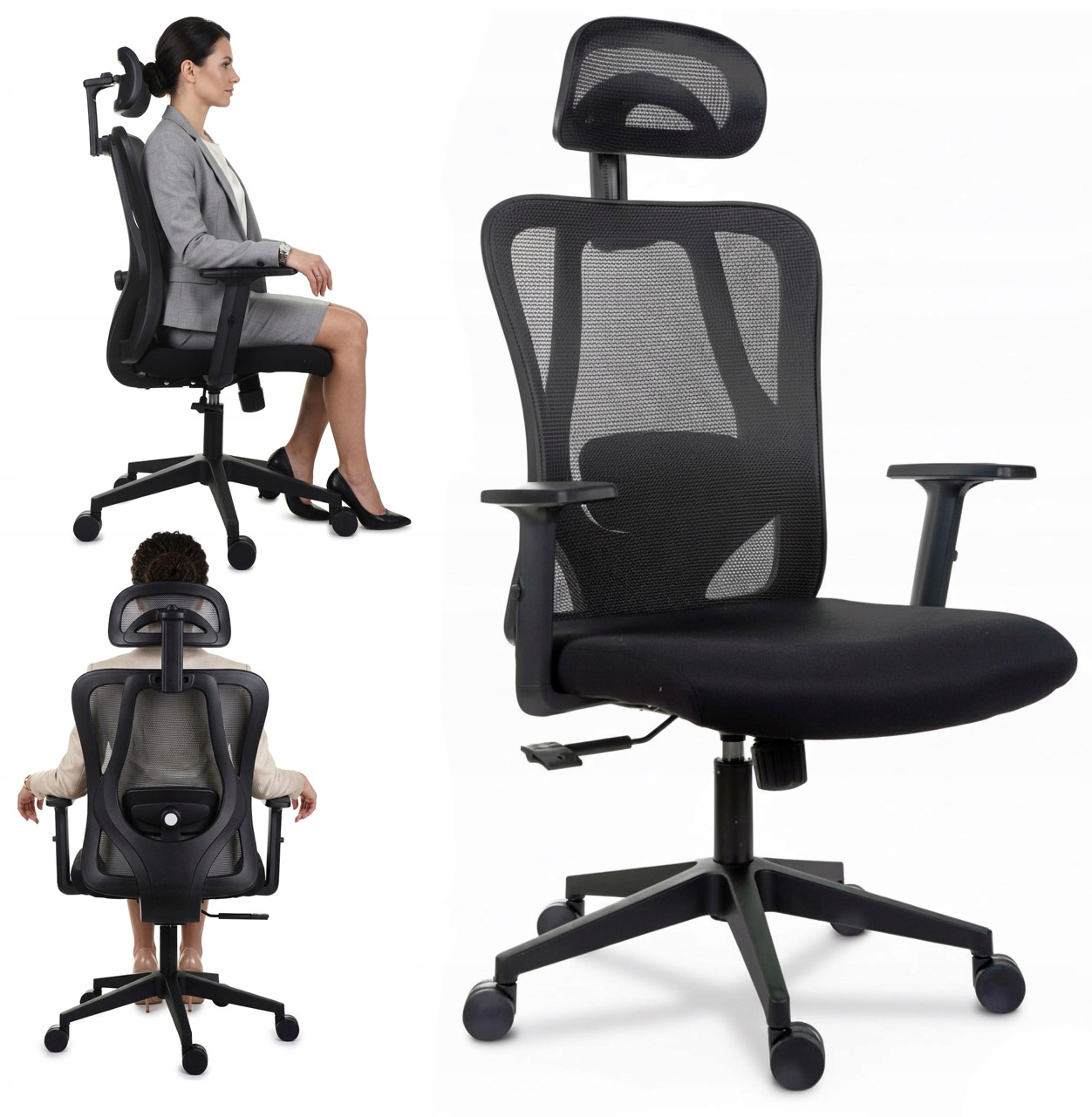 Ergonomická kancelárska stolička s nastaviteľnou opierkou hlavy a bedrovou opierkou