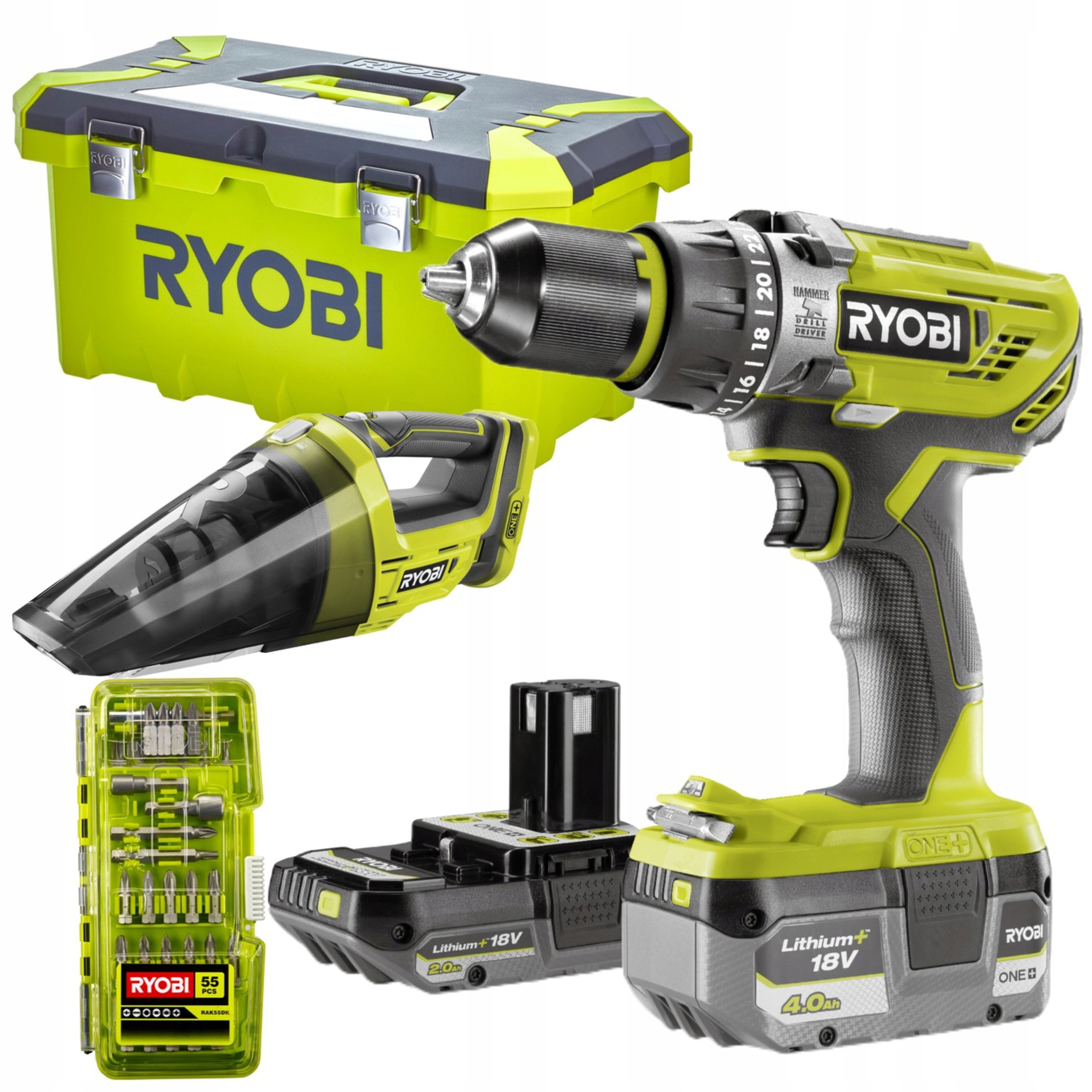Ryobi Vŕtačka 18V +4Ah +2Ah Vysávač
