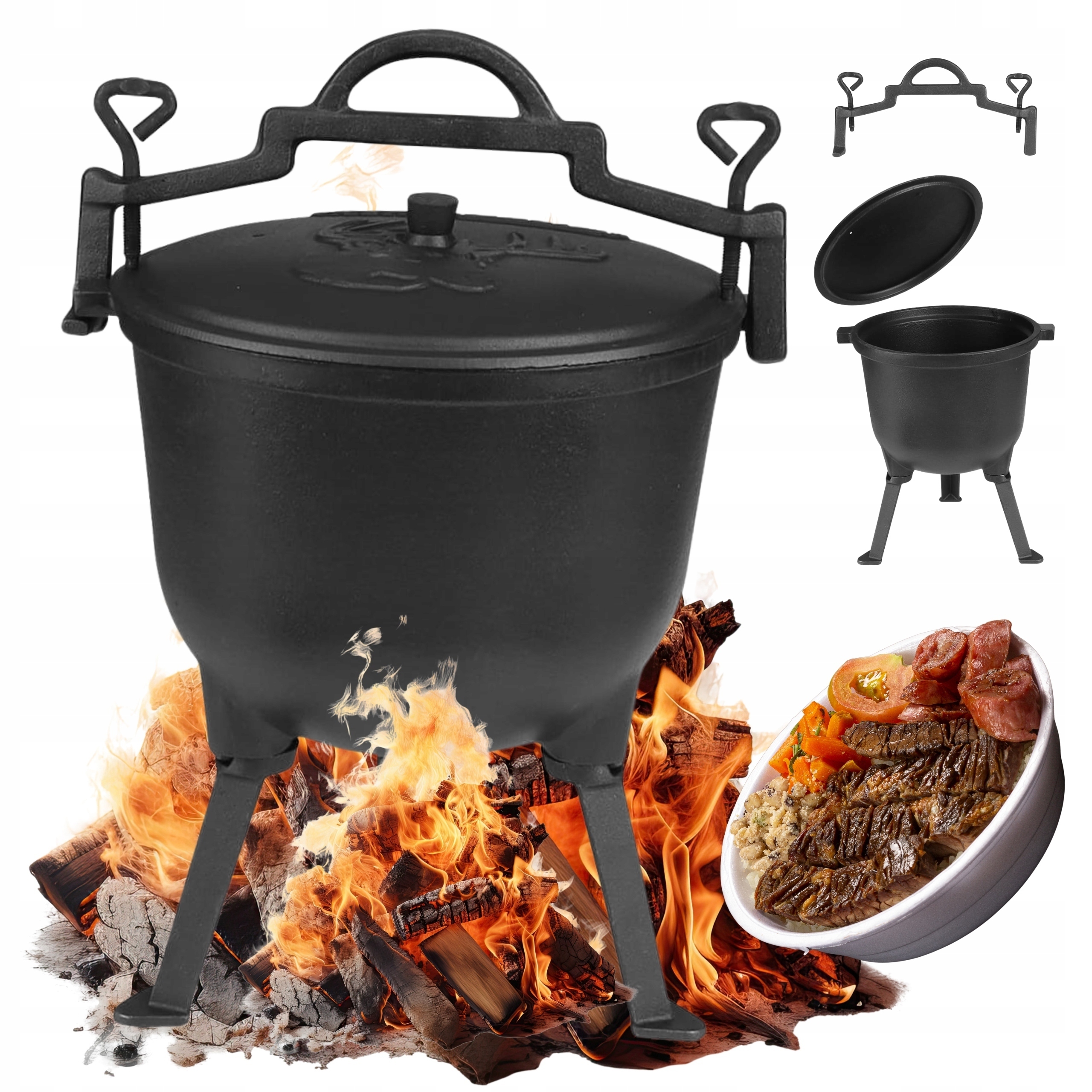 Litinový Kotlík lovecký stojící Hrnec na oheň gril až 16 l