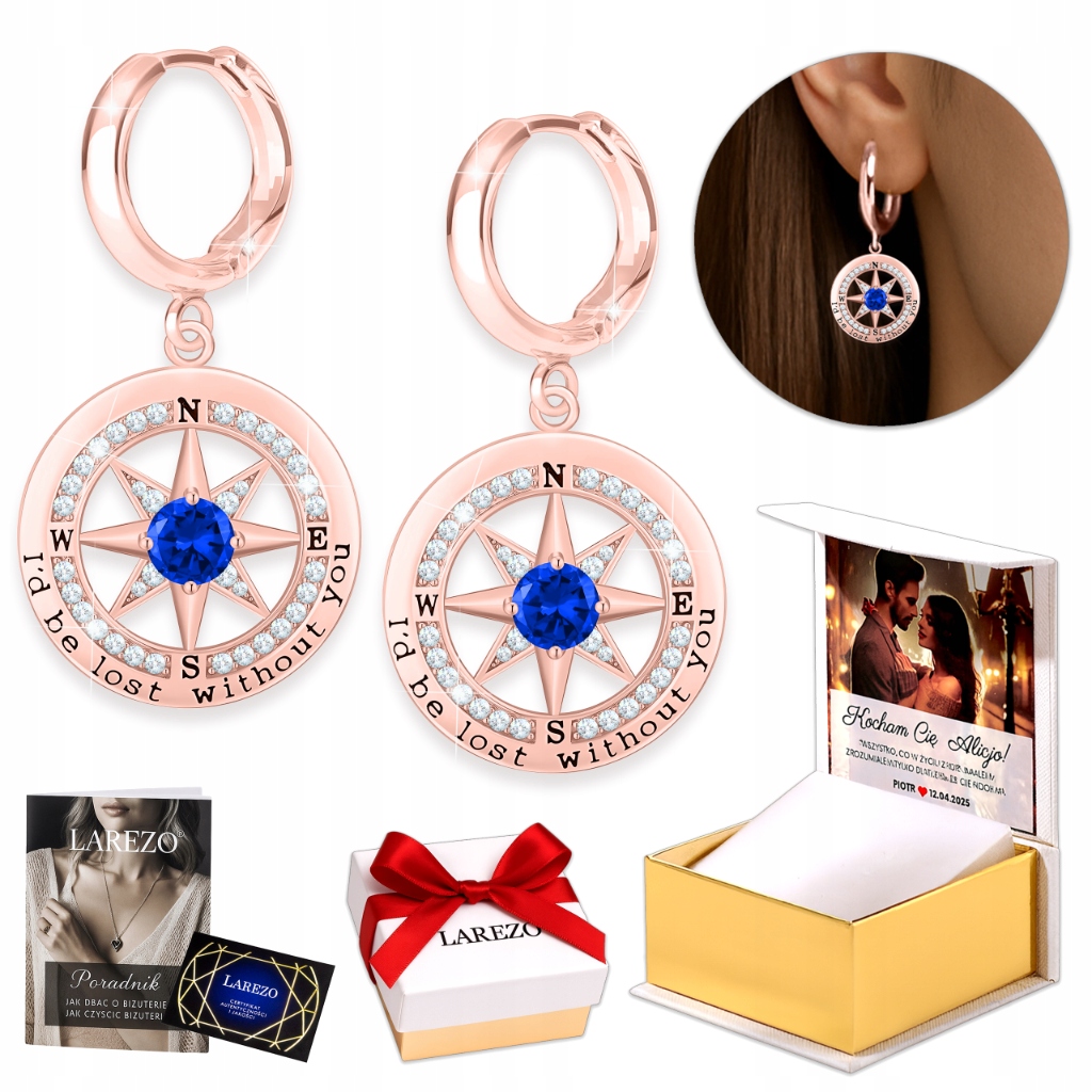 Pozlacené Náušnice 925 Kompas s modrým očkem, kruhy s modrými Zirkony