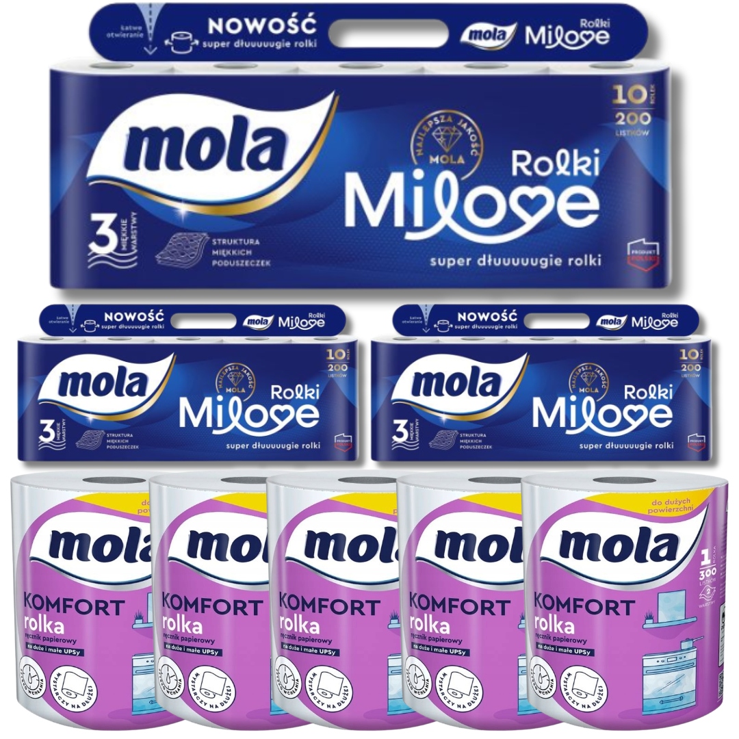 Ręczniki papierowe Mola Komfort x5 Papier toaletowy Mola Milove x3 Pakiet