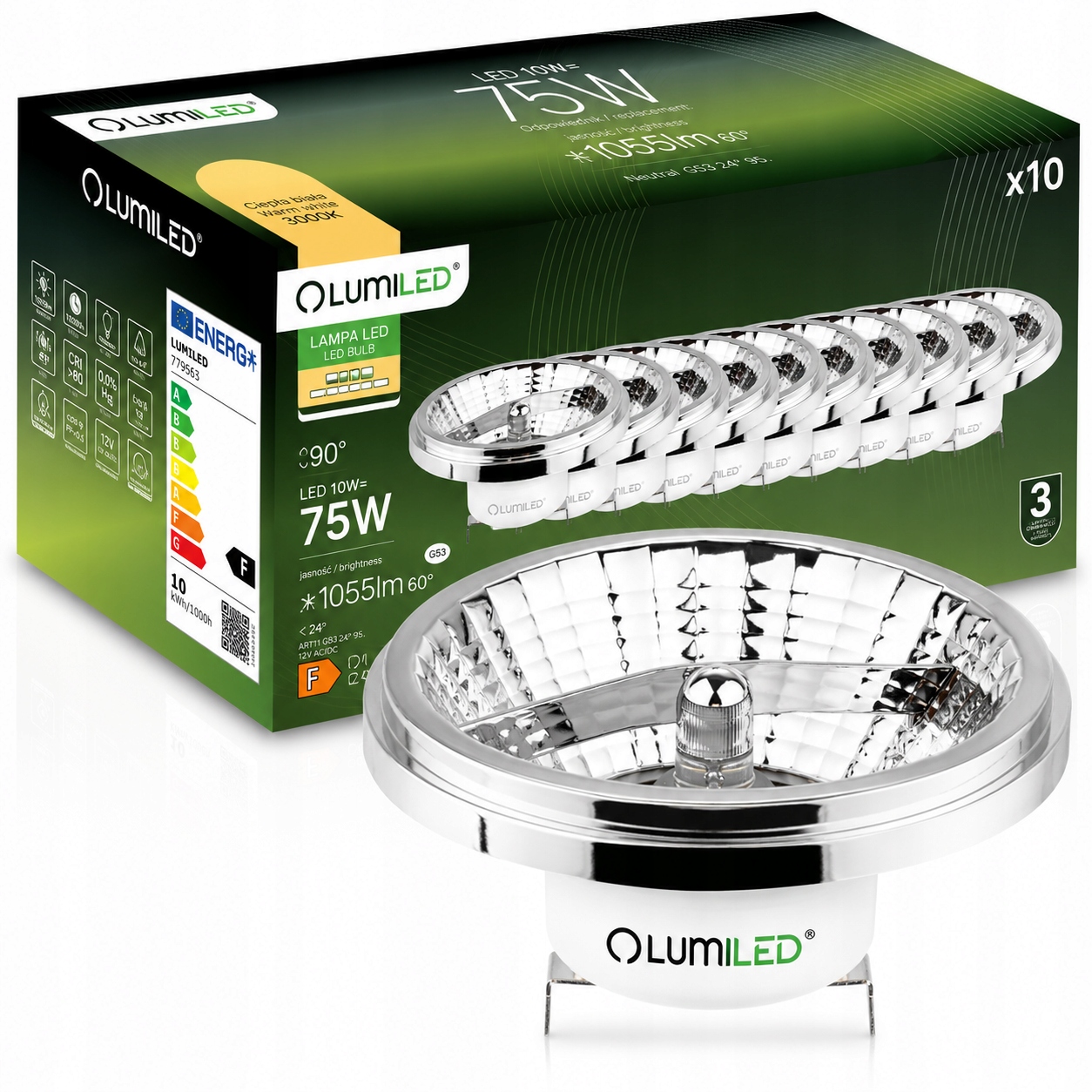 10x Led žiarovka G53 AR111 10W 75W 1055lm 3000K 24° 12V strieborná Lumiled