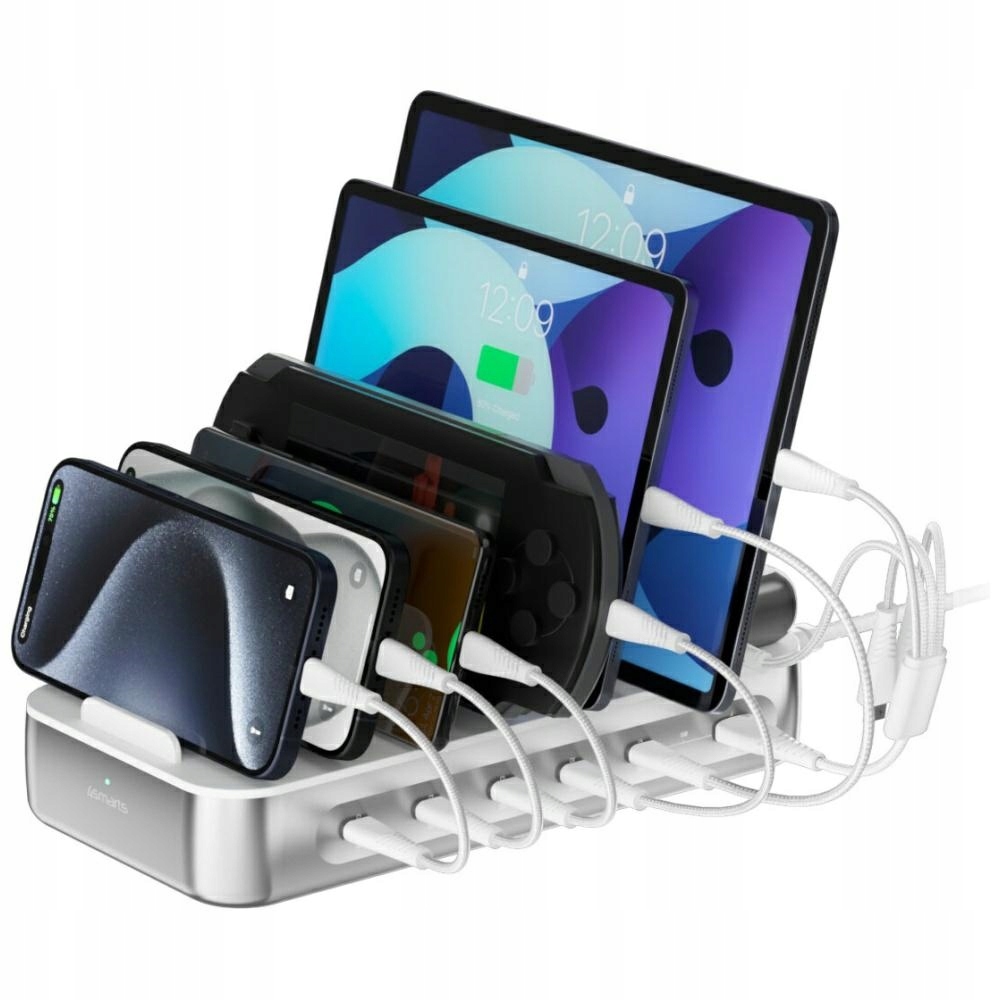 Nabíjecí stanice 4smarts Team 100W 5xUSB-C se sadou 6 kabelů, stříbrná