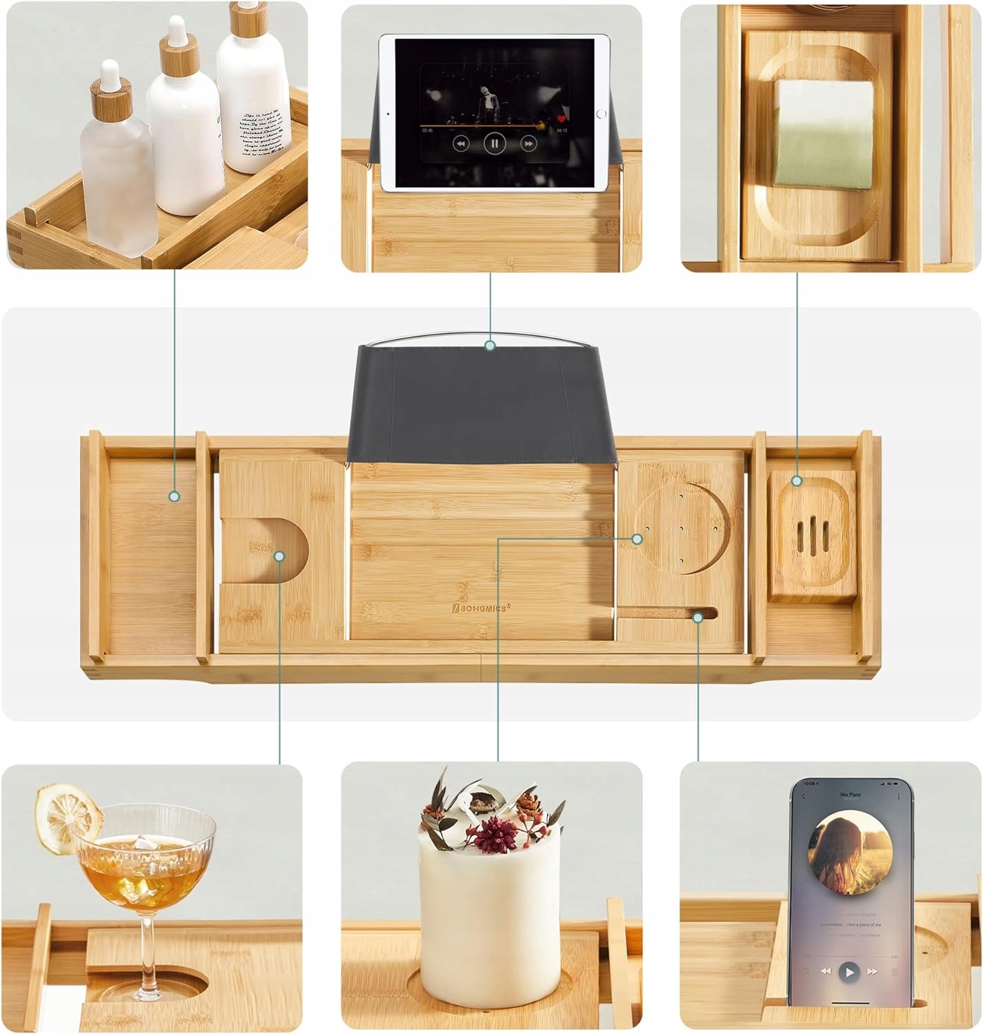 Stolik na wannę bambusowy Regulowany Półka na wannę 75-109 cm Szerokość mebla 75 cm