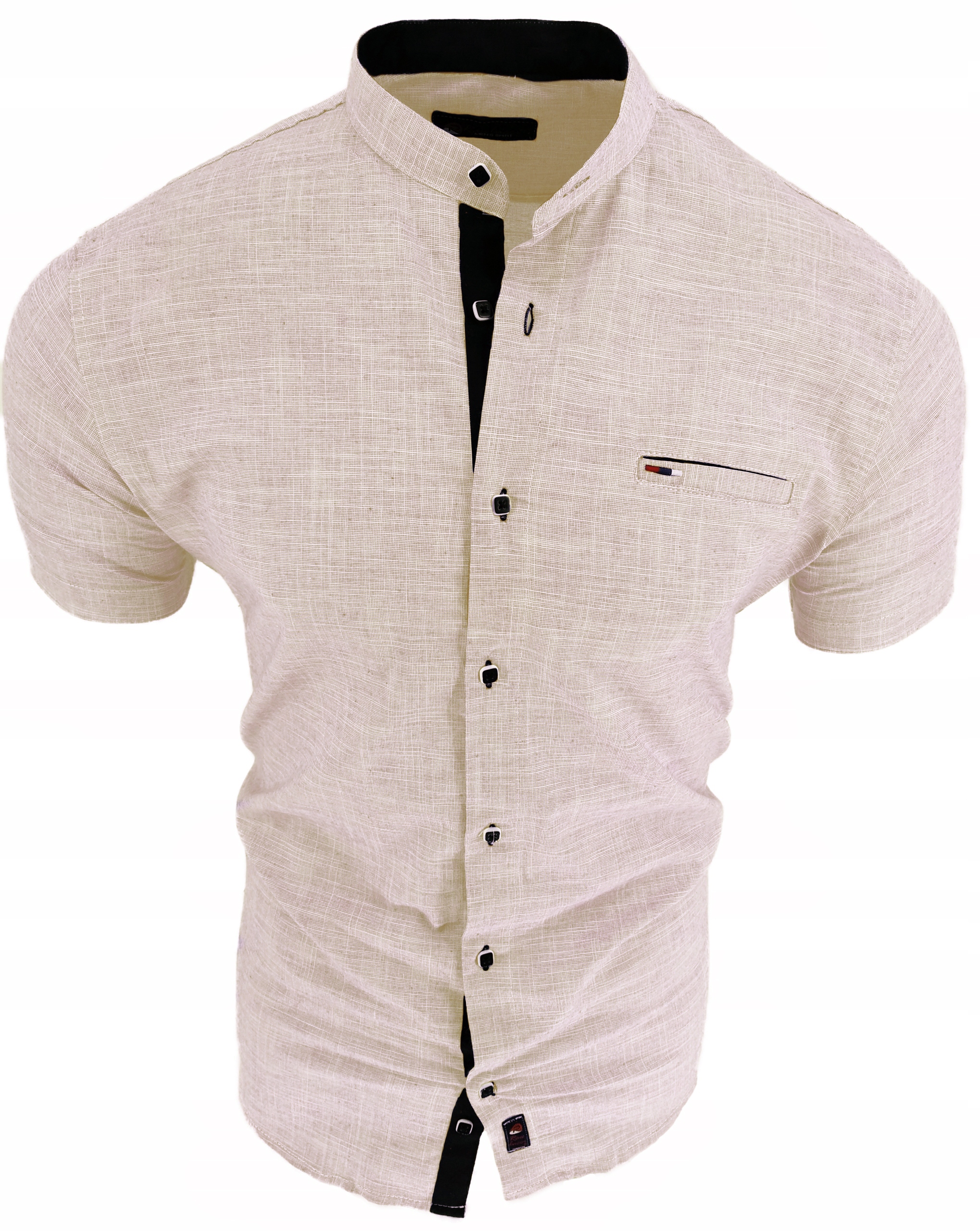Koszula Męska Beżowa Krótki Rękaw 1754 Stójka