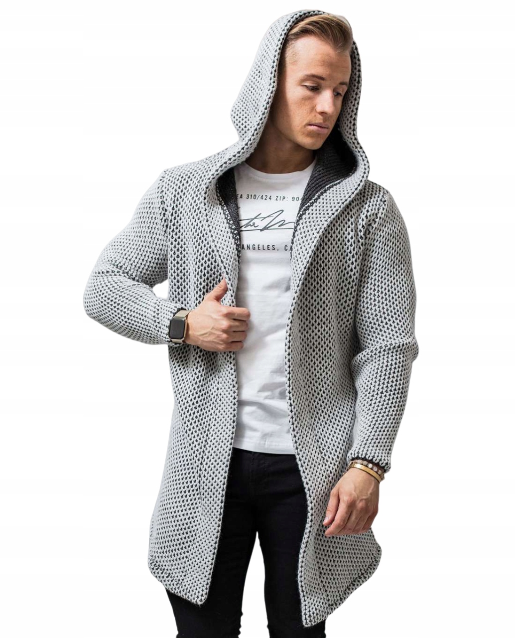 Teplý pánský svetr Kardigan s kapucí Přehoz bez zapínání L