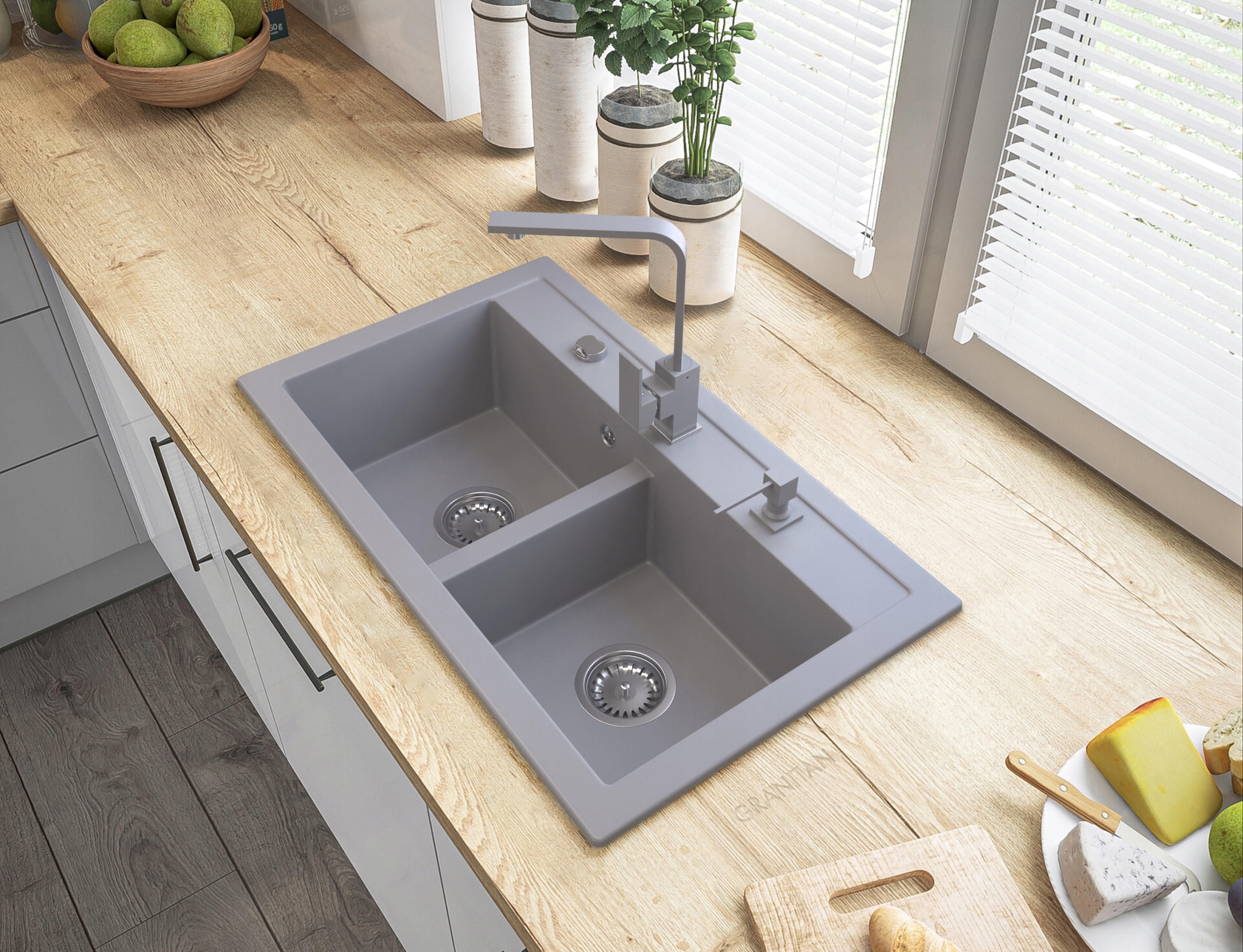 DOZOWNIK SZARY PŁYNU MYDŁA DO ZLEW KWADRATOWY Szerokość pojemnika 5.8 cm