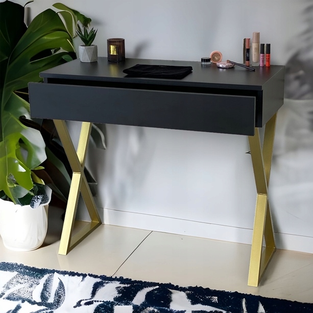 TOALETKA CZARNA MATOWA SZUFLADĄ ZŁOTE X 90CM Kolor mebla czarny