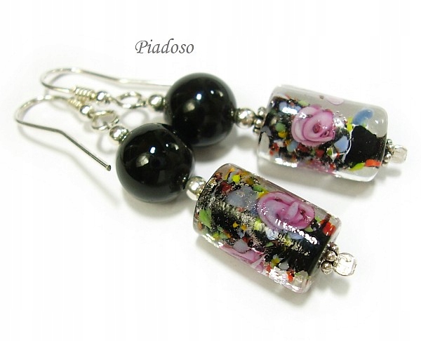 Stříbrné náušnice Onyks Sklo Benátské